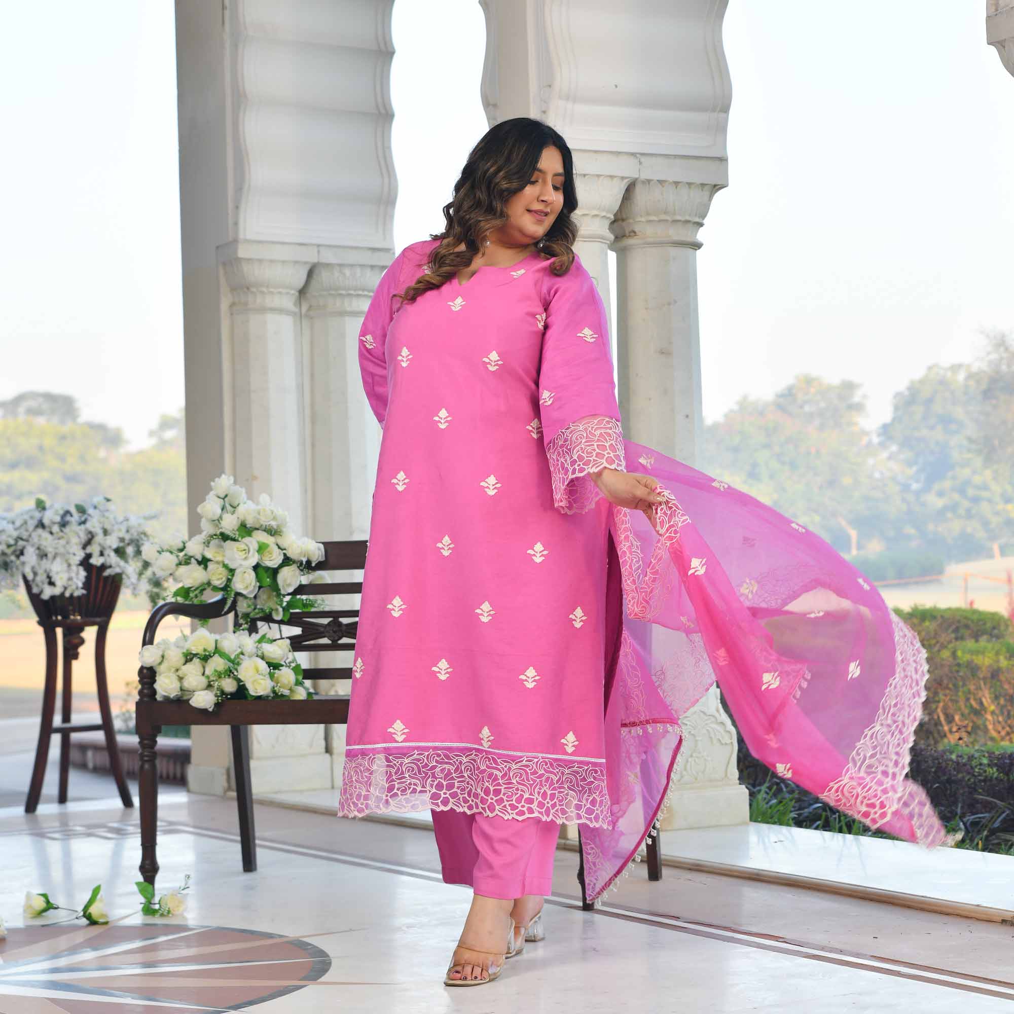 Sweet Grape- Pearly Mauve Thread Embroidered Mul Chanderi Suit Set