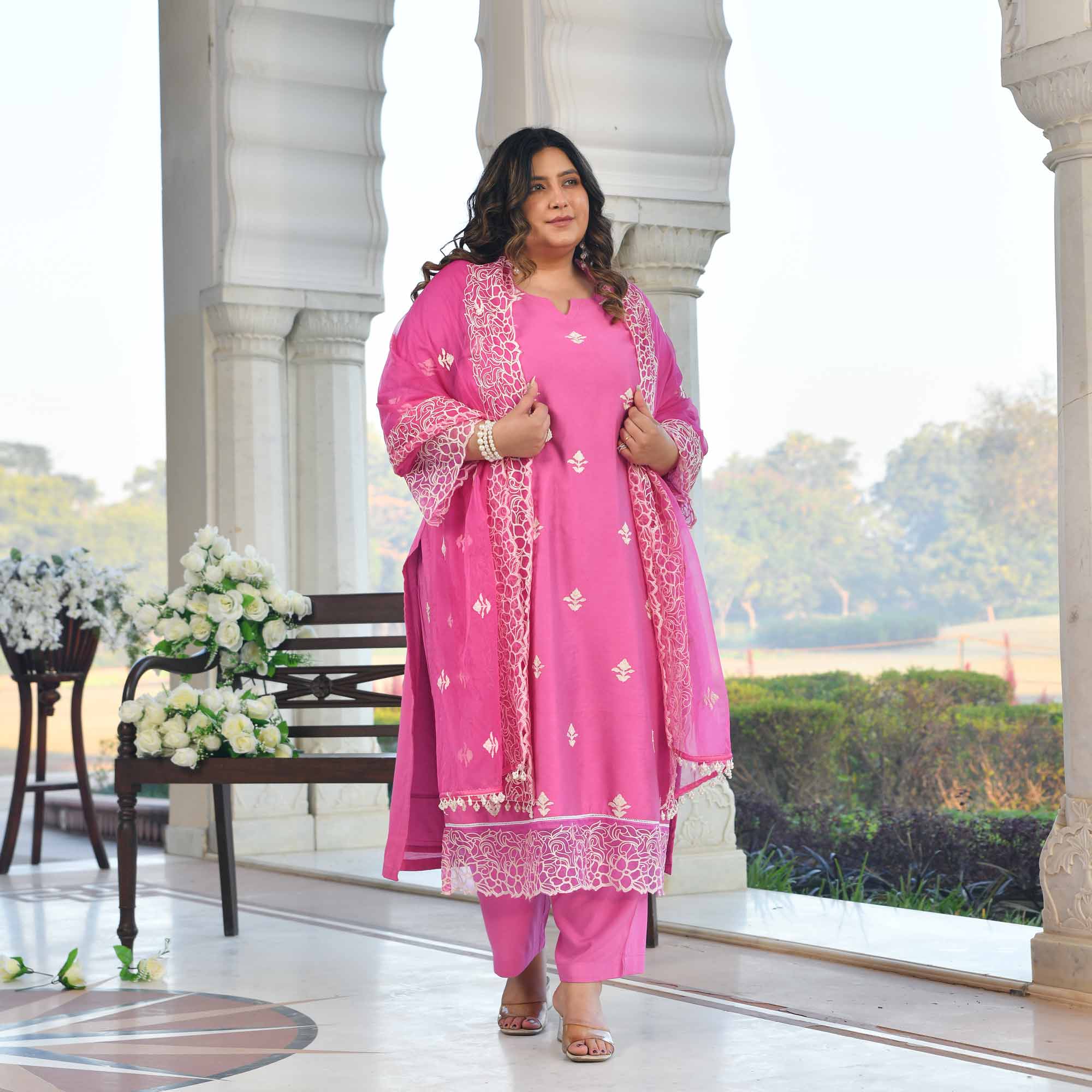 Sweet Grape- Pearly Mauve Thread Embroidered Mul Chanderi Suit Set