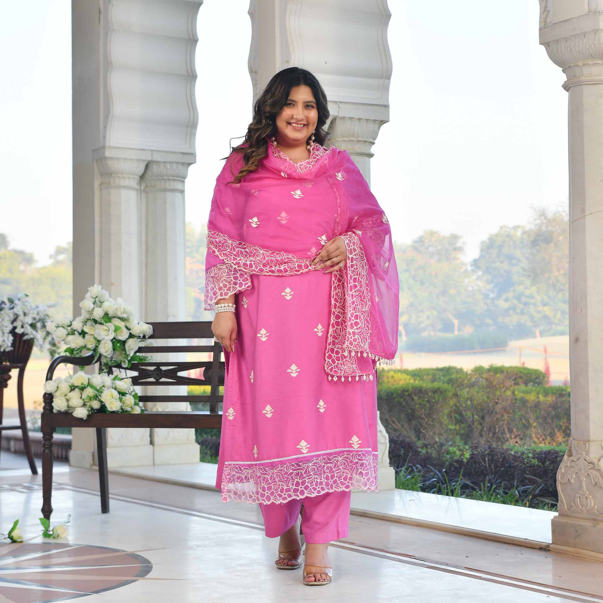 Sweet Grape- Pearly Mauve Thread Embroidered Mul Chanderi Suit Set