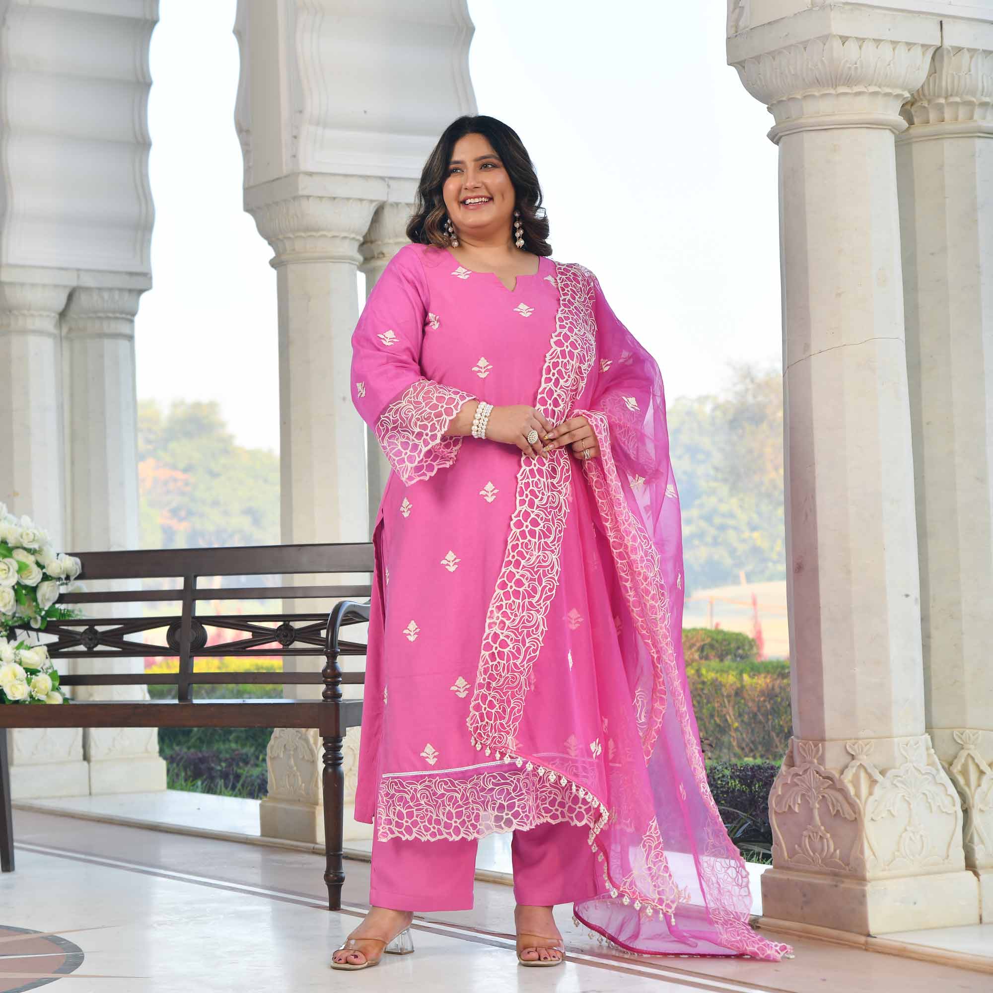 Sweet Grape- Pearly Mauve Thread Embroidered Mul Chanderi Suit Set