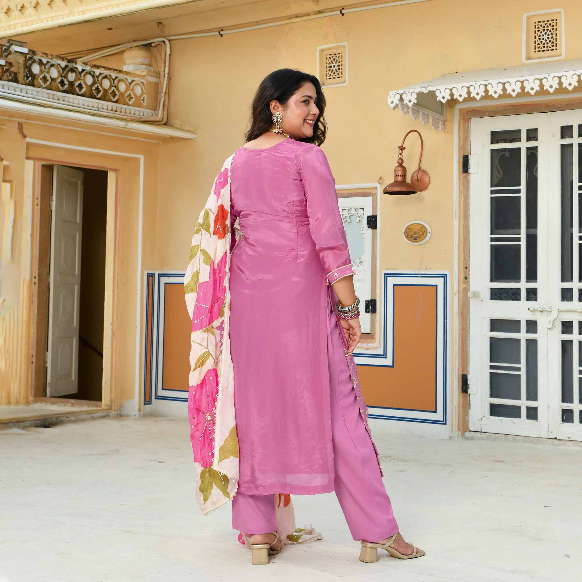 Swapan Lok- Black Pure Crepe Cutdana Embroidered Suit with Floral Printed Dupatta