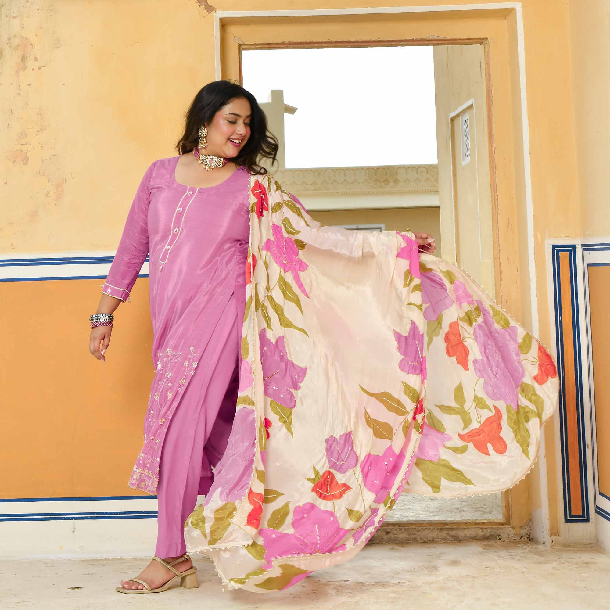 Swapan Lok- Black Pure Crepe Cutdana Embroidered Suit with Floral Printed Dupatta