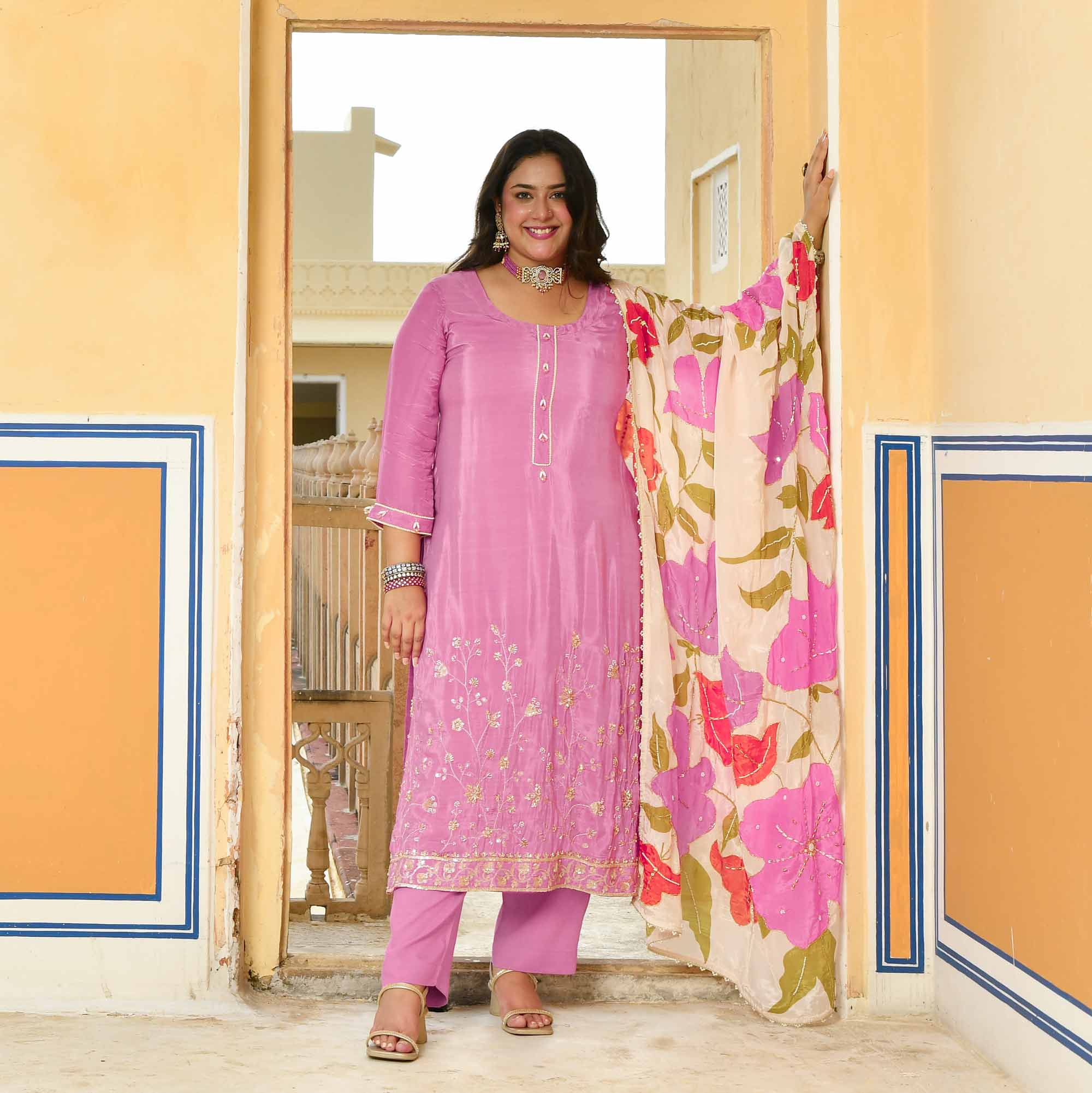 Swapan Lok- Black Pure Crepe Cutdana Embroidered Suit with Floral Printed Dupatta