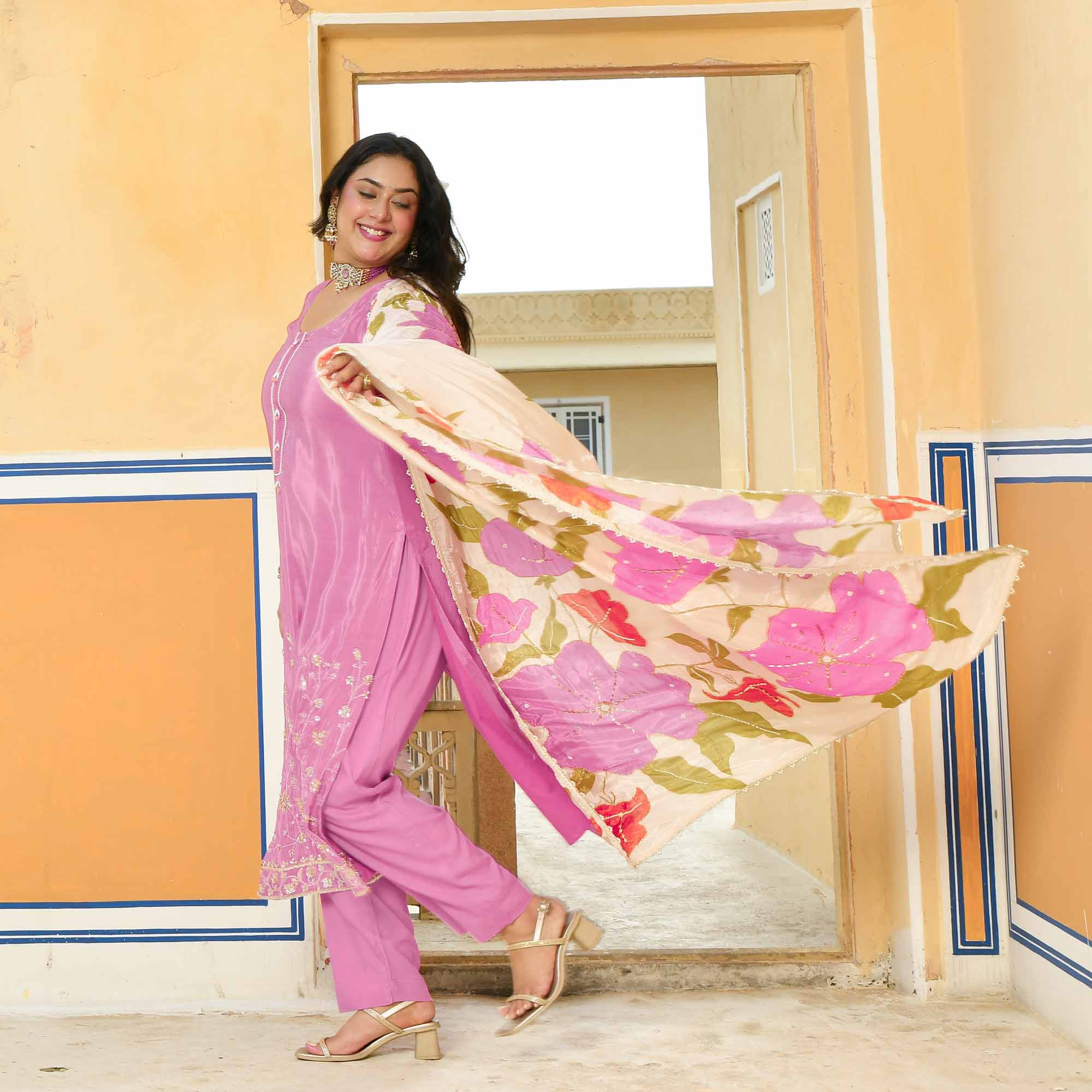 Swapan Lok- Black Pure Crepe Cutdana Embroidered Suit with Floral Printed Dupatta