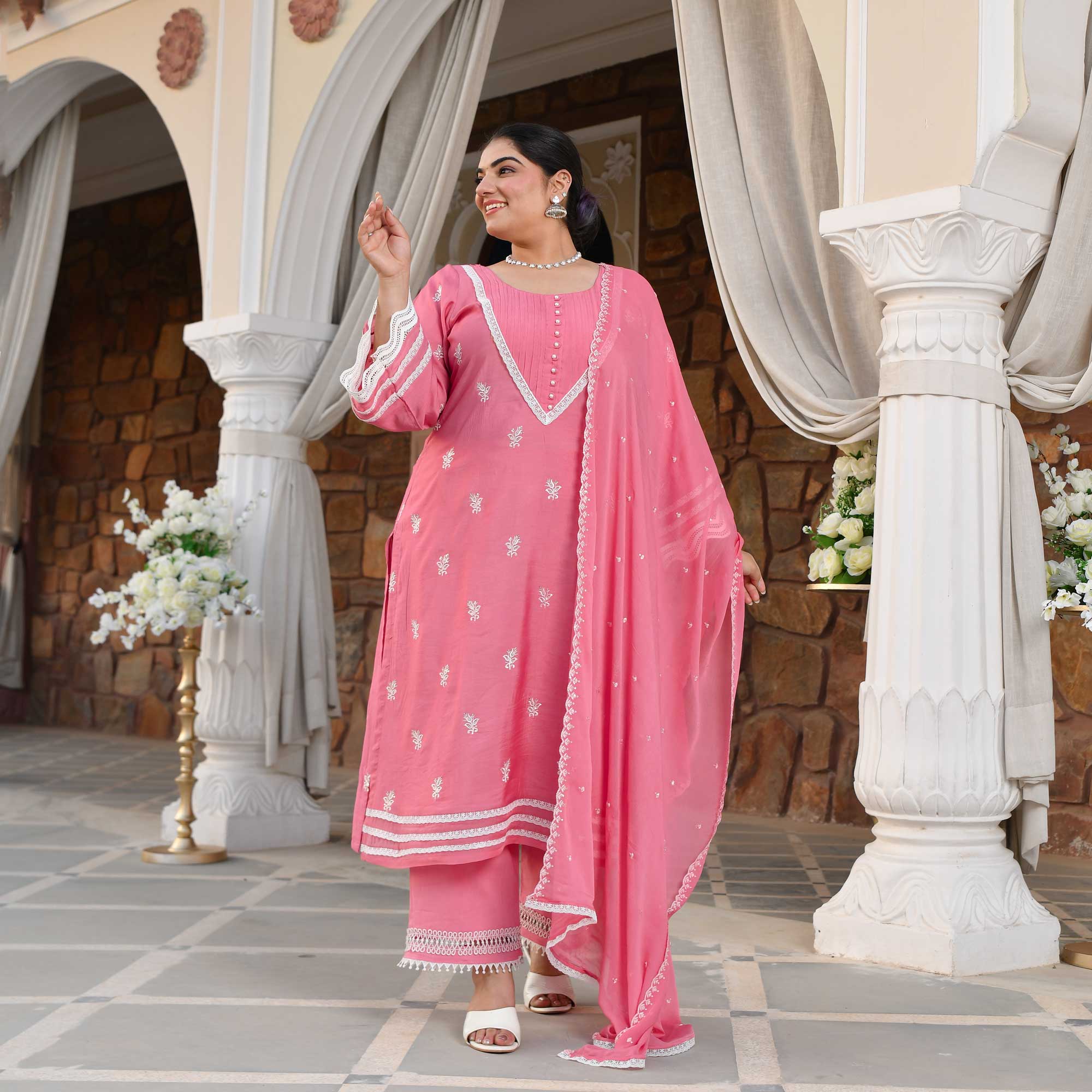 Cadillac Pink Thread Embroidered Muslin Suit Set | The Plus Size Store