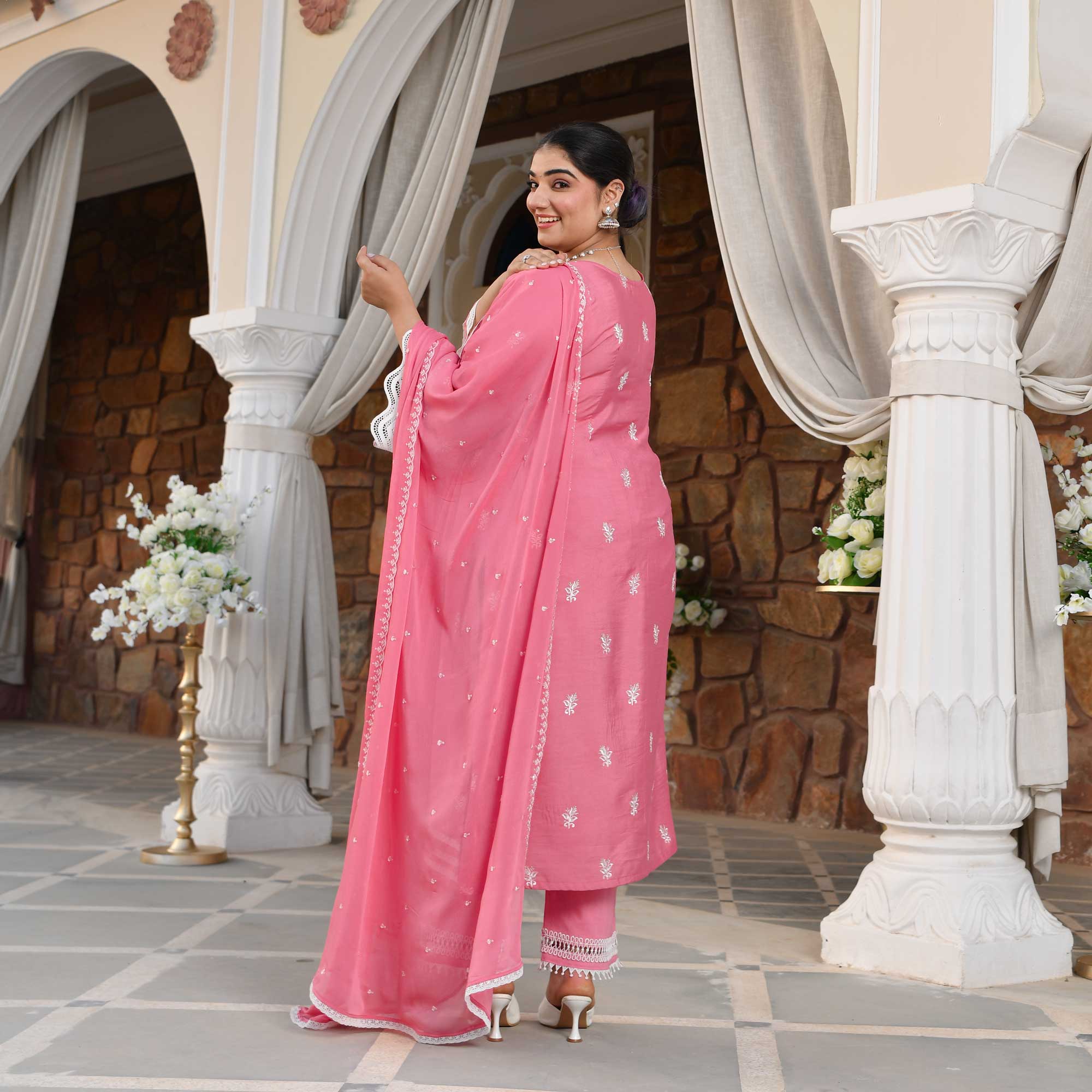 Cadillac Pink Thread Embroidered Muslin Suit Set | The Plus Size Store
