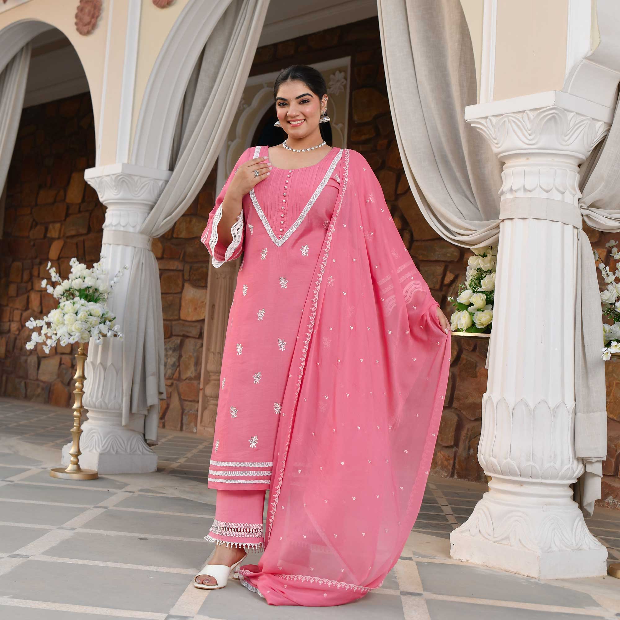 Cadillac Pink Thread Embroidered Muslin Suit Set | The Plus Size Store