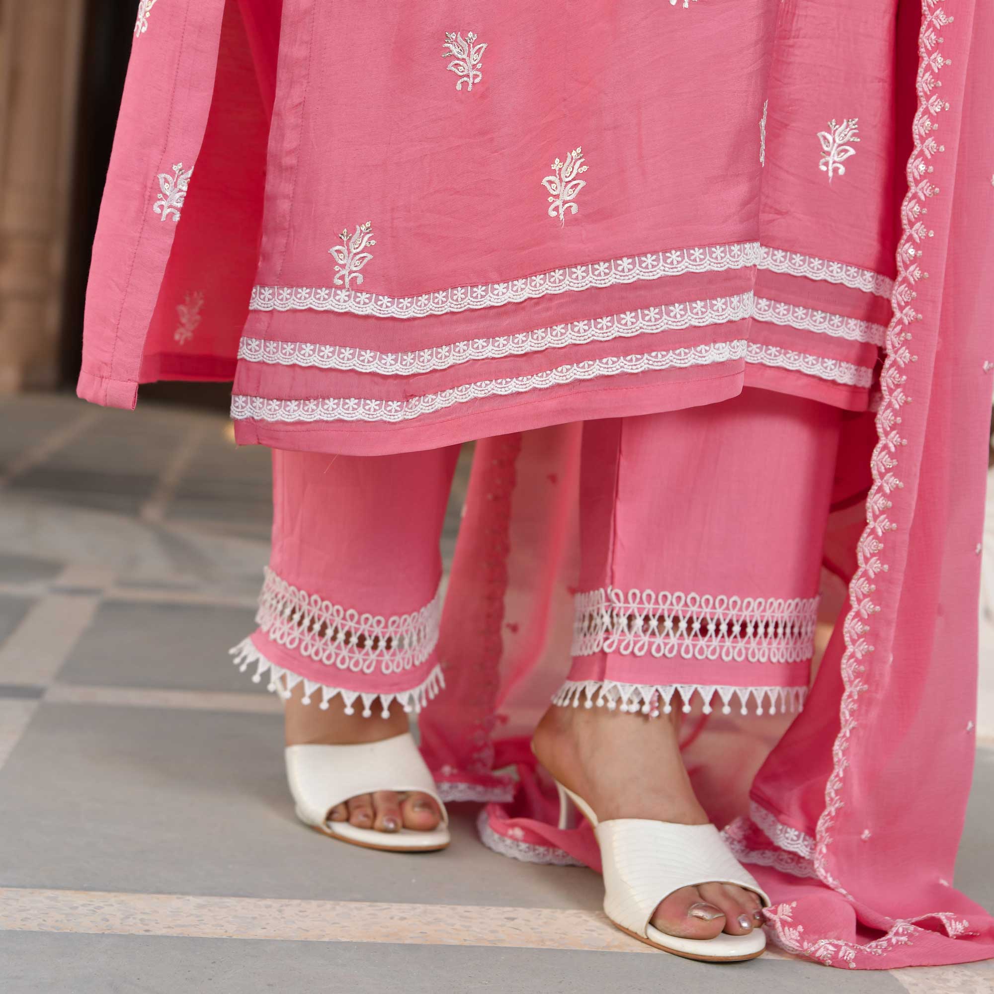 Cadillac Pink Thread Embroidered Muslin Suit Set | The Plus Size Store