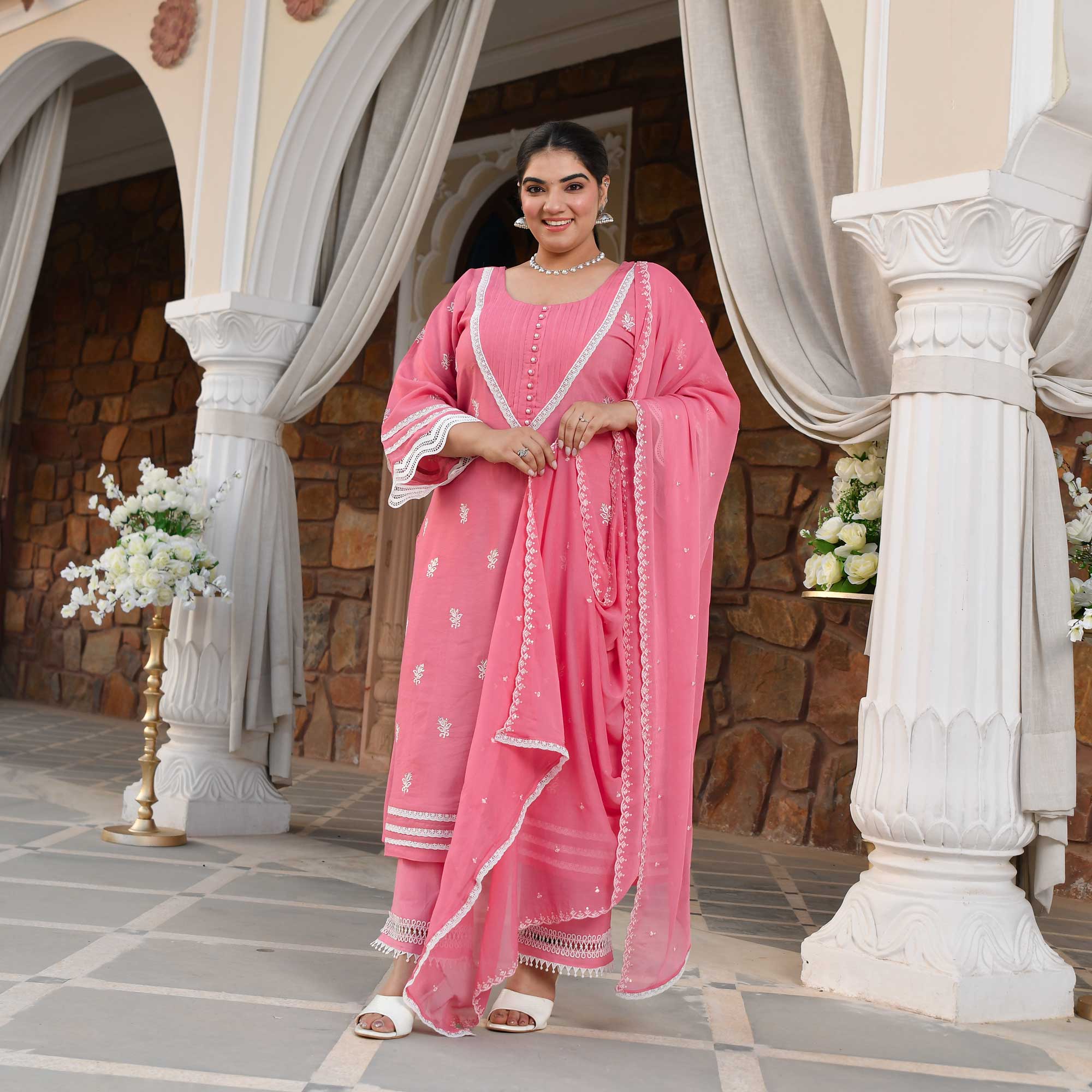 Cadillac Pink Thread Embroidered Muslin Suit Set | The Plus Size Store