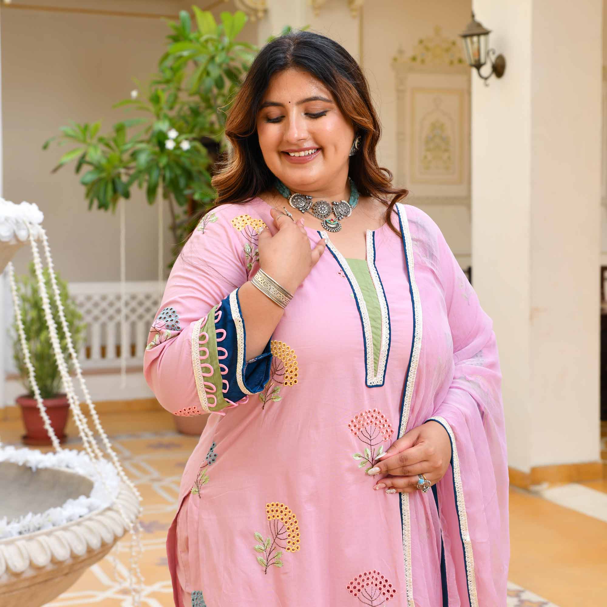 Titli- Flamingo Pink Pure Cotton Thread Embroidery Suit Set