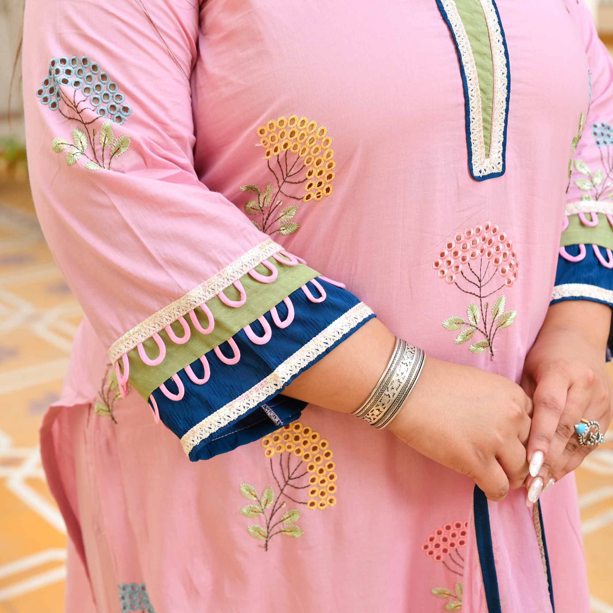 Titli- Flamingo Pink Pure Cotton Thread Embroidery Suit Set