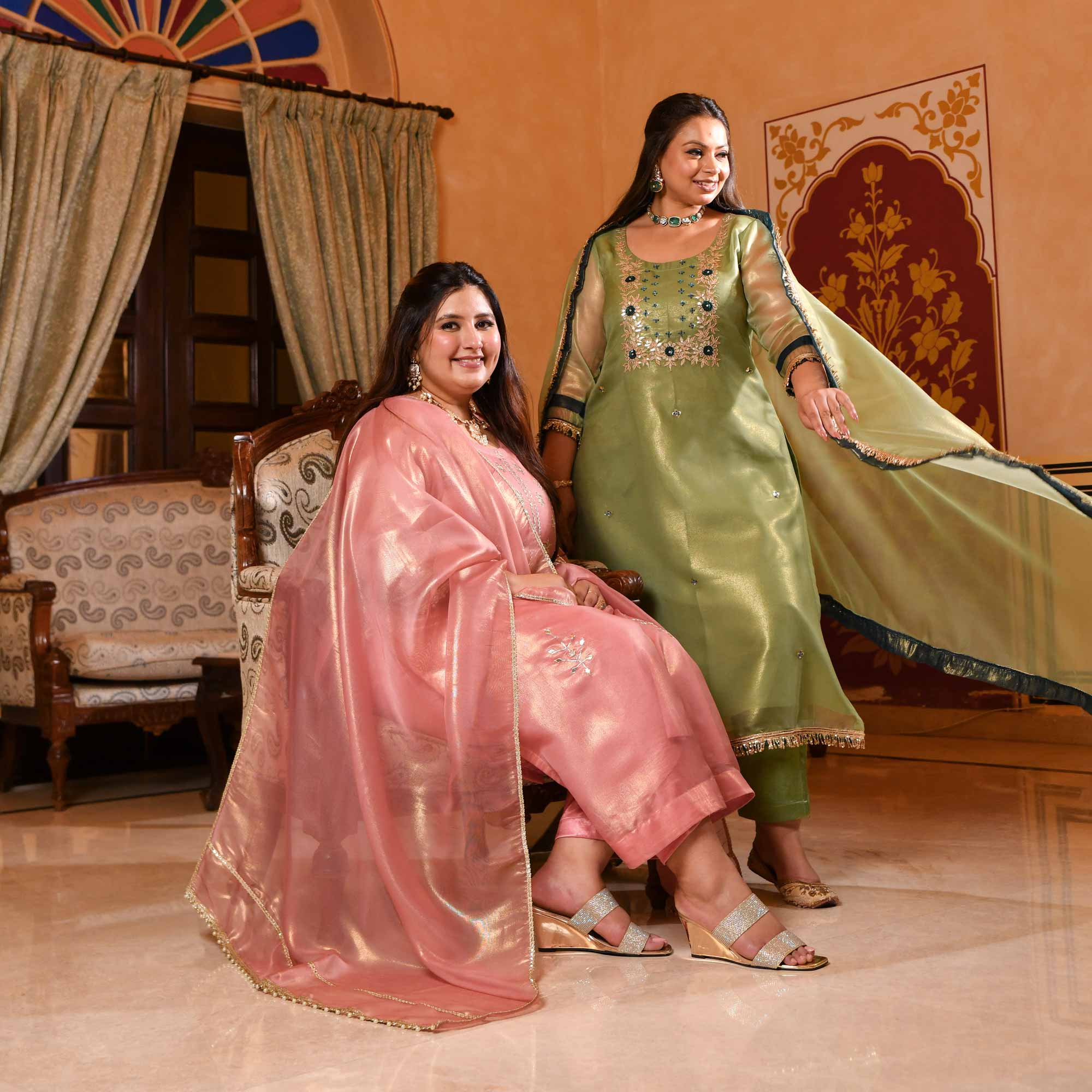 Peachy Salmon Glitz Tissue Gota Patti Suit Set