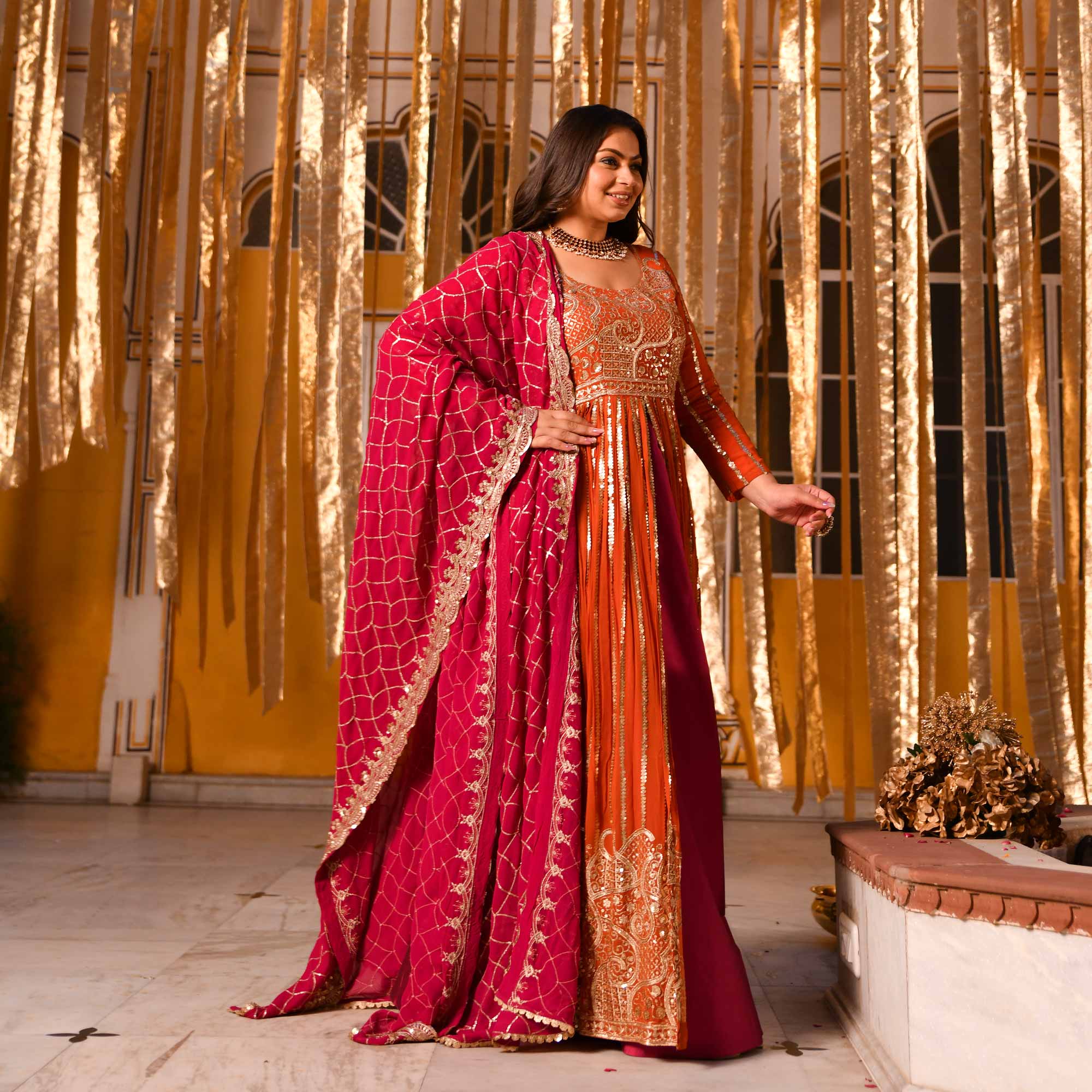 Rosette Royale - Rust Orange & Deep Pink Sequin Embroidered Pure georgette Anarkali Skirt Set
