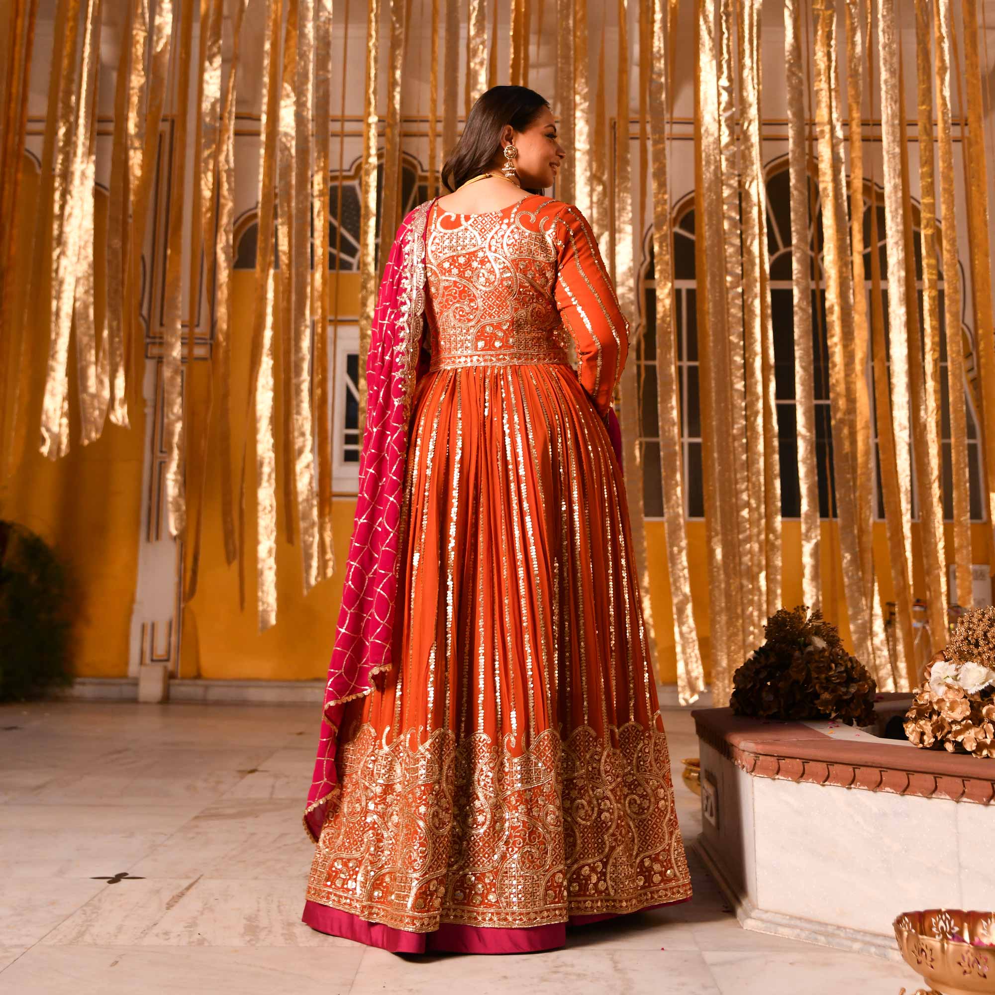 Rosette Royale - Rust Orange & Deep Pink Sequin Embroidered Pure georgette Anarkali Skirt Set