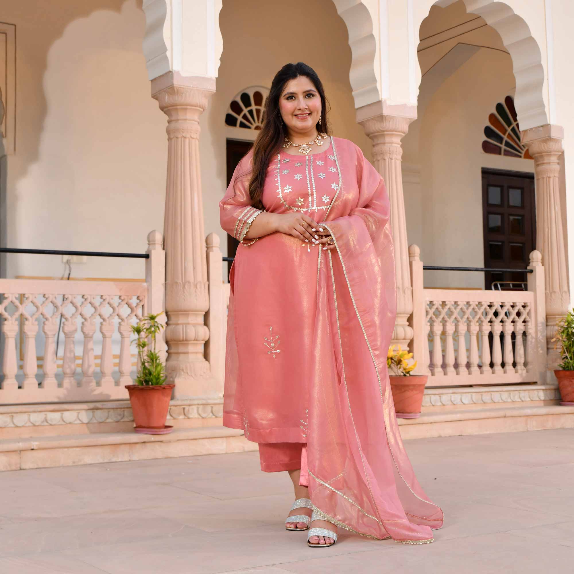 Peachy Salmon Glitz Tissue Gota Patti Suit Set