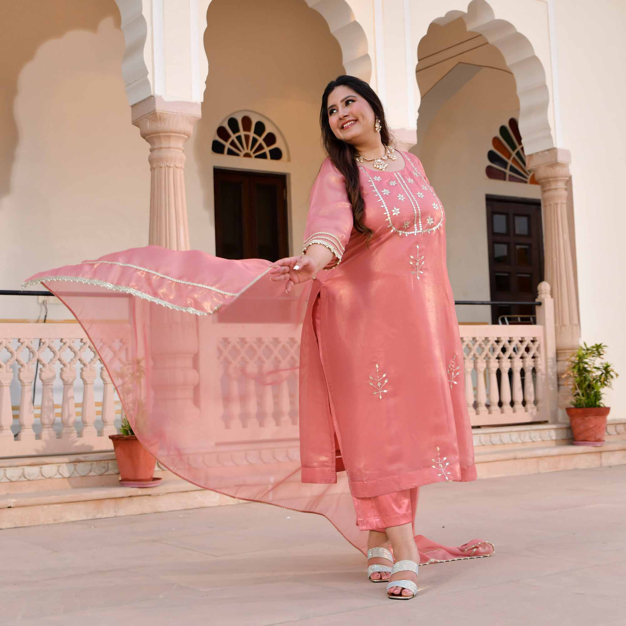 Peachy Salmon Glitz Tissue Gota Patti Suit Set