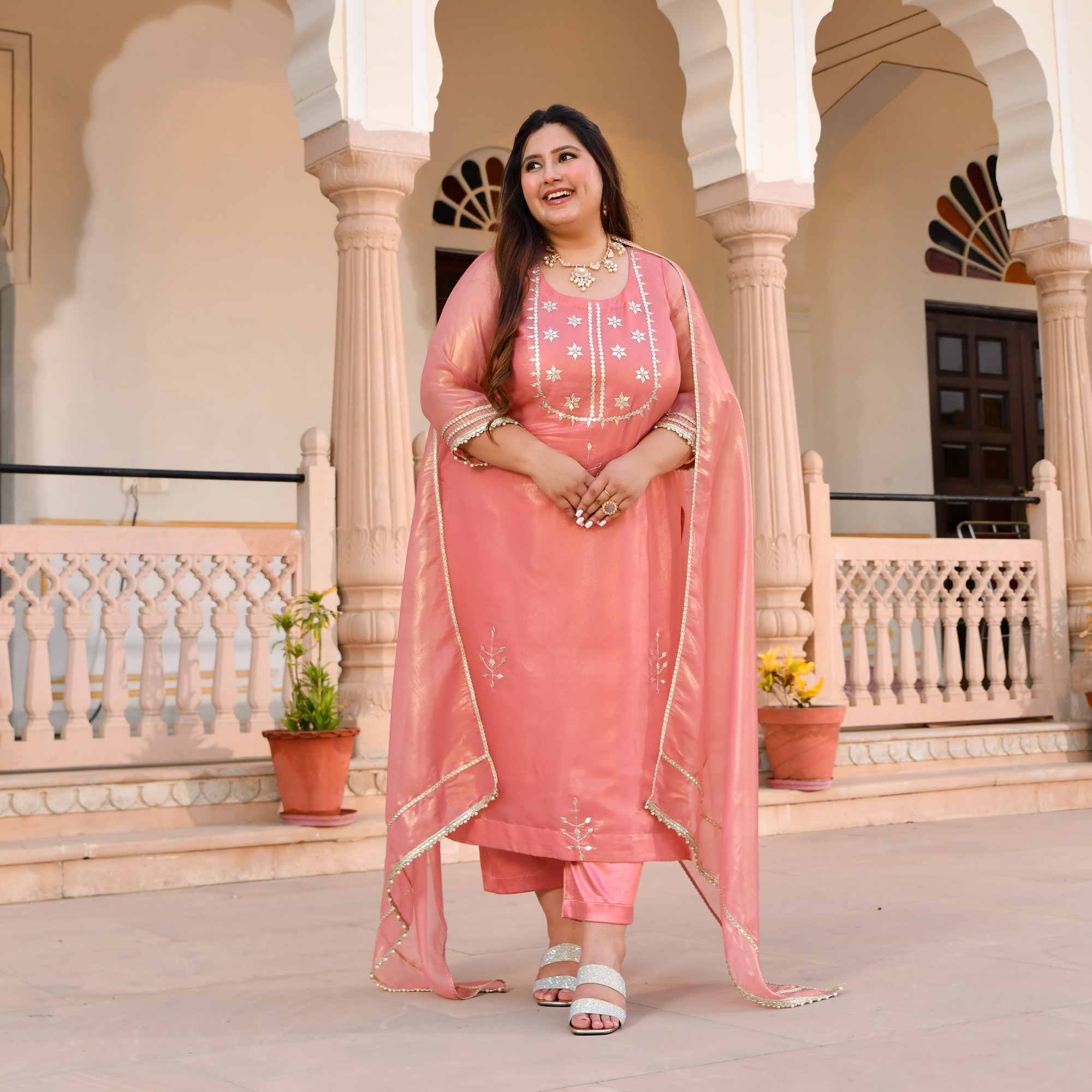 Peachy Salmon Glitz Tissue Gota Patti Suit Set