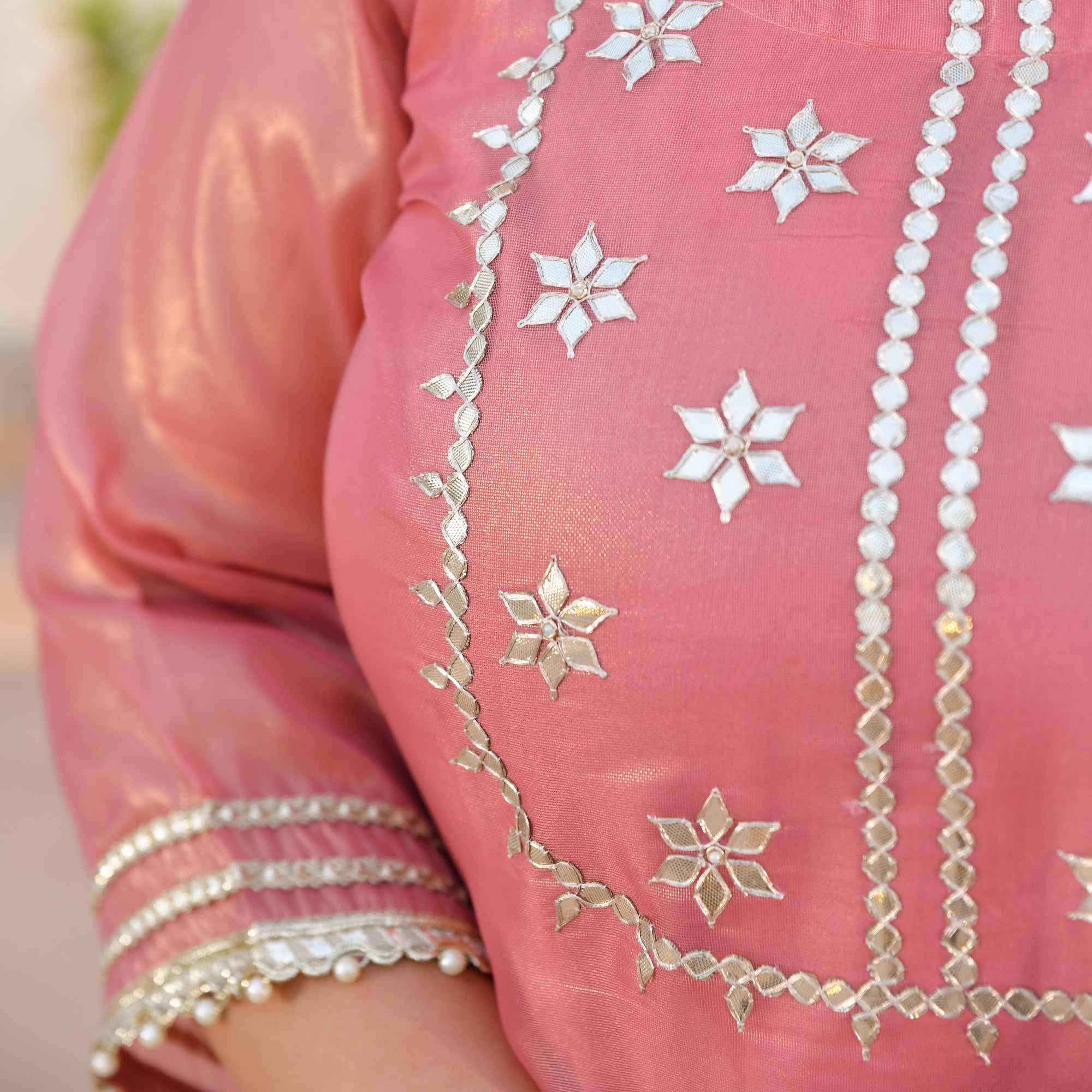 Peachy Salmon Glitz Tissue Gota Patti Suit Set