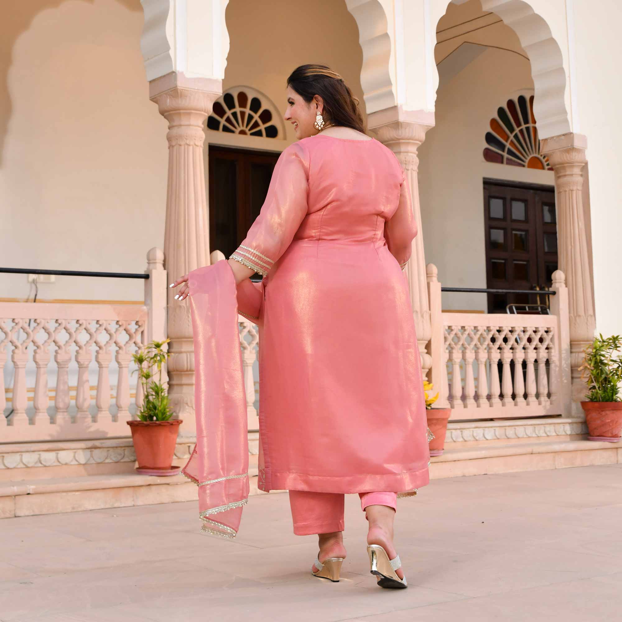 Peachy Salmon Glitz Tissue Gota Patti Suit Set