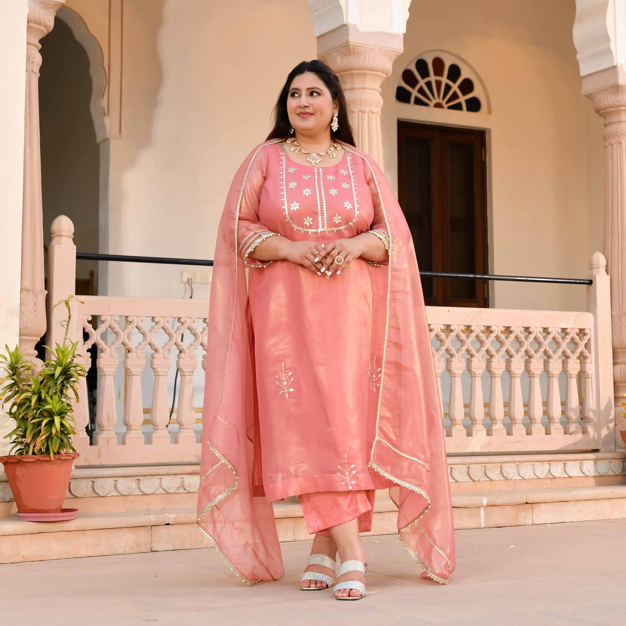 Peachy Salmon Glitz Tissue Gota Patti Suit Set