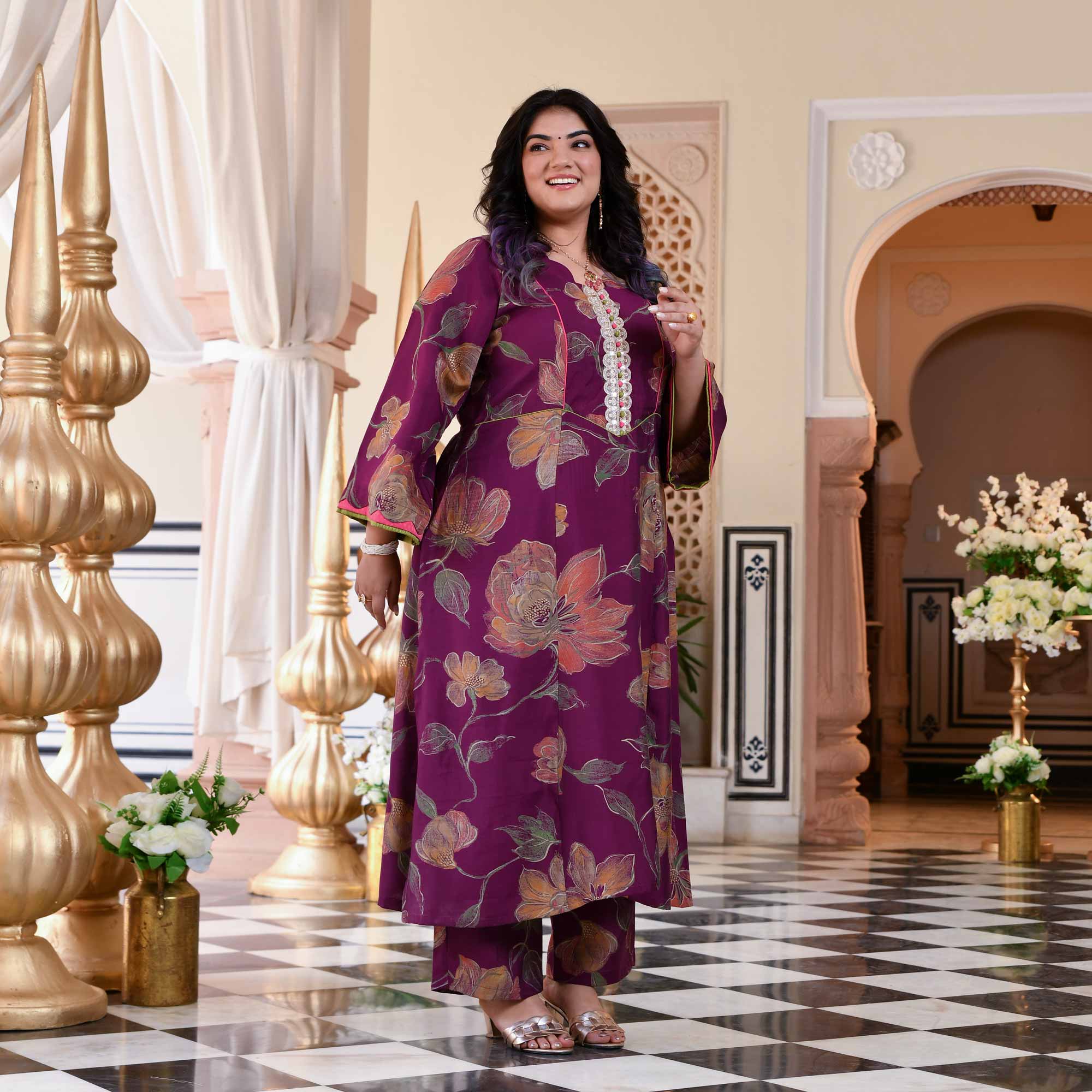 Wine Berry Floral Modal Viscose Aline Kurta Pant Set