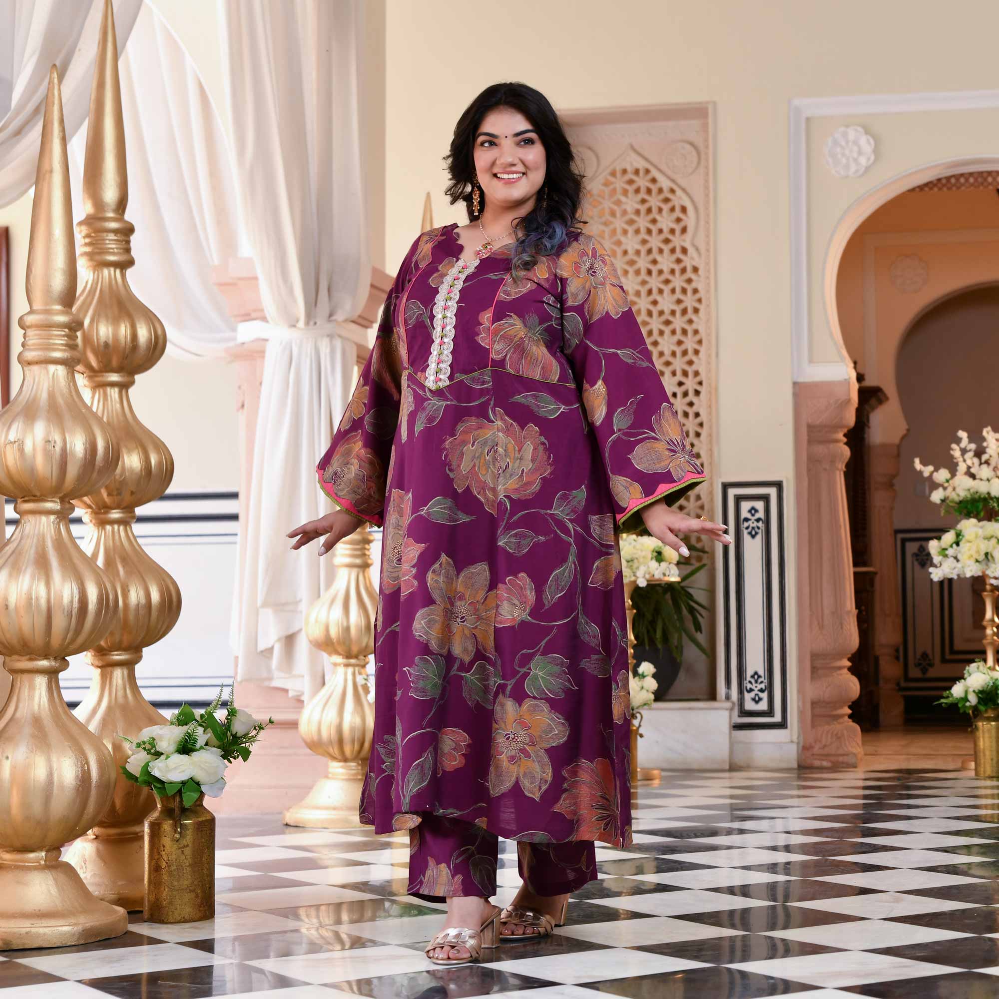 Wine Berry Floral Modal Viscose Aline Kurta Pant Set