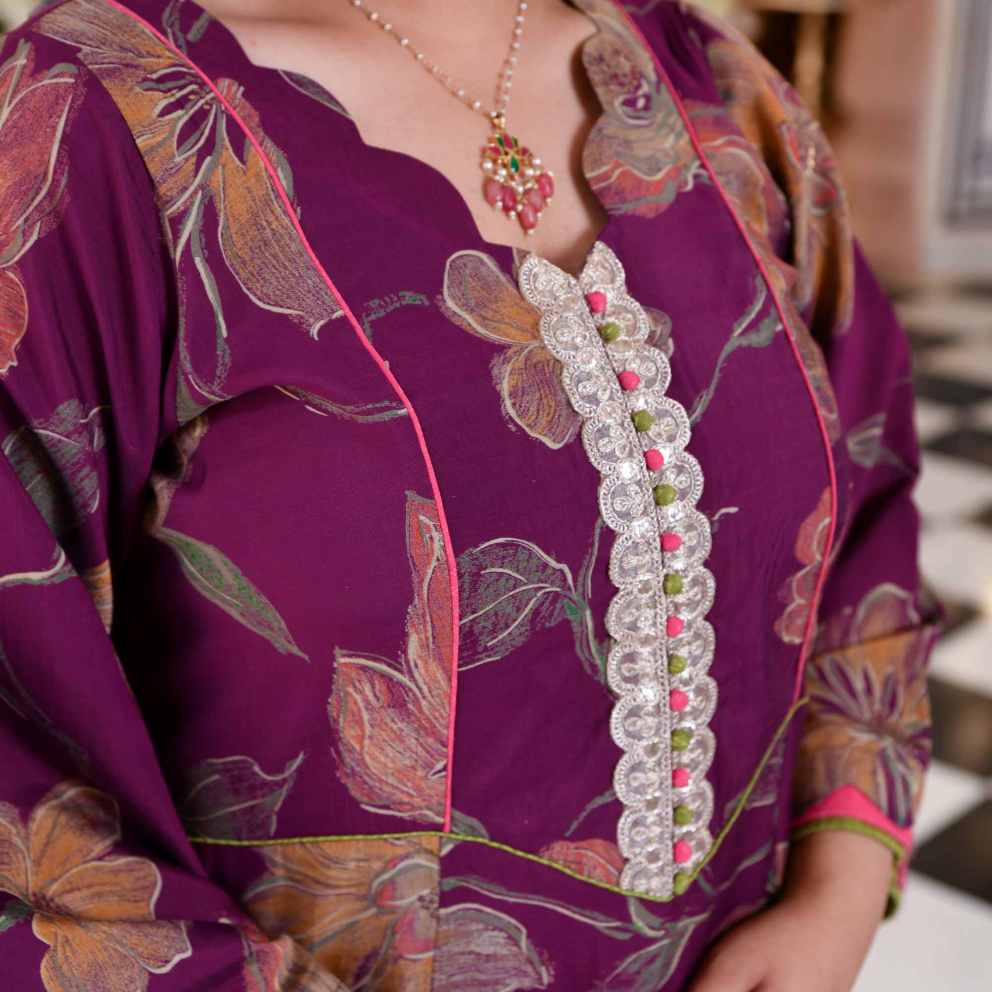 Wine Berry Floral Modal Viscose Aline Kurta Pant Set