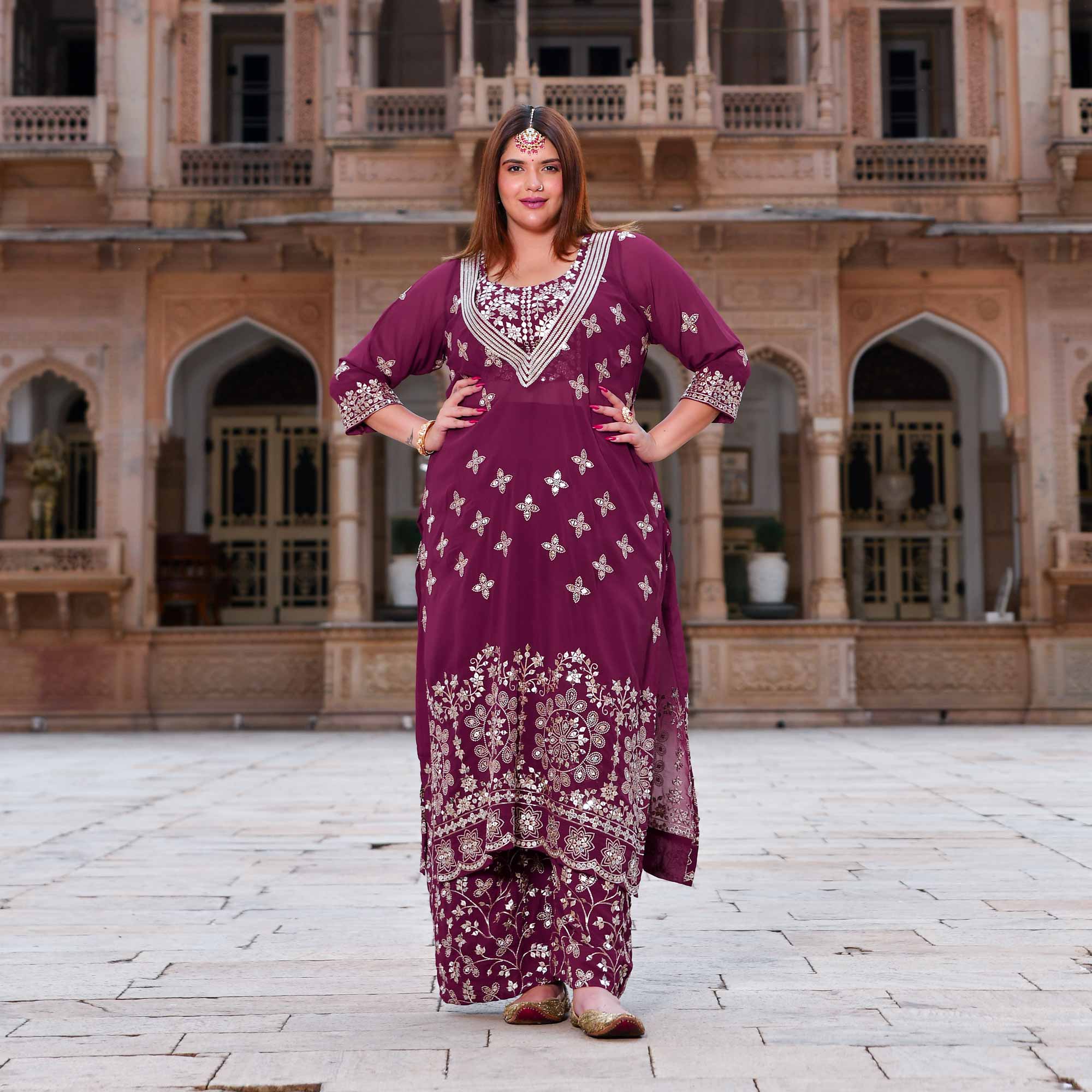 Surkh Noor- Deep Wine Sequin Embroidered Georgette Set