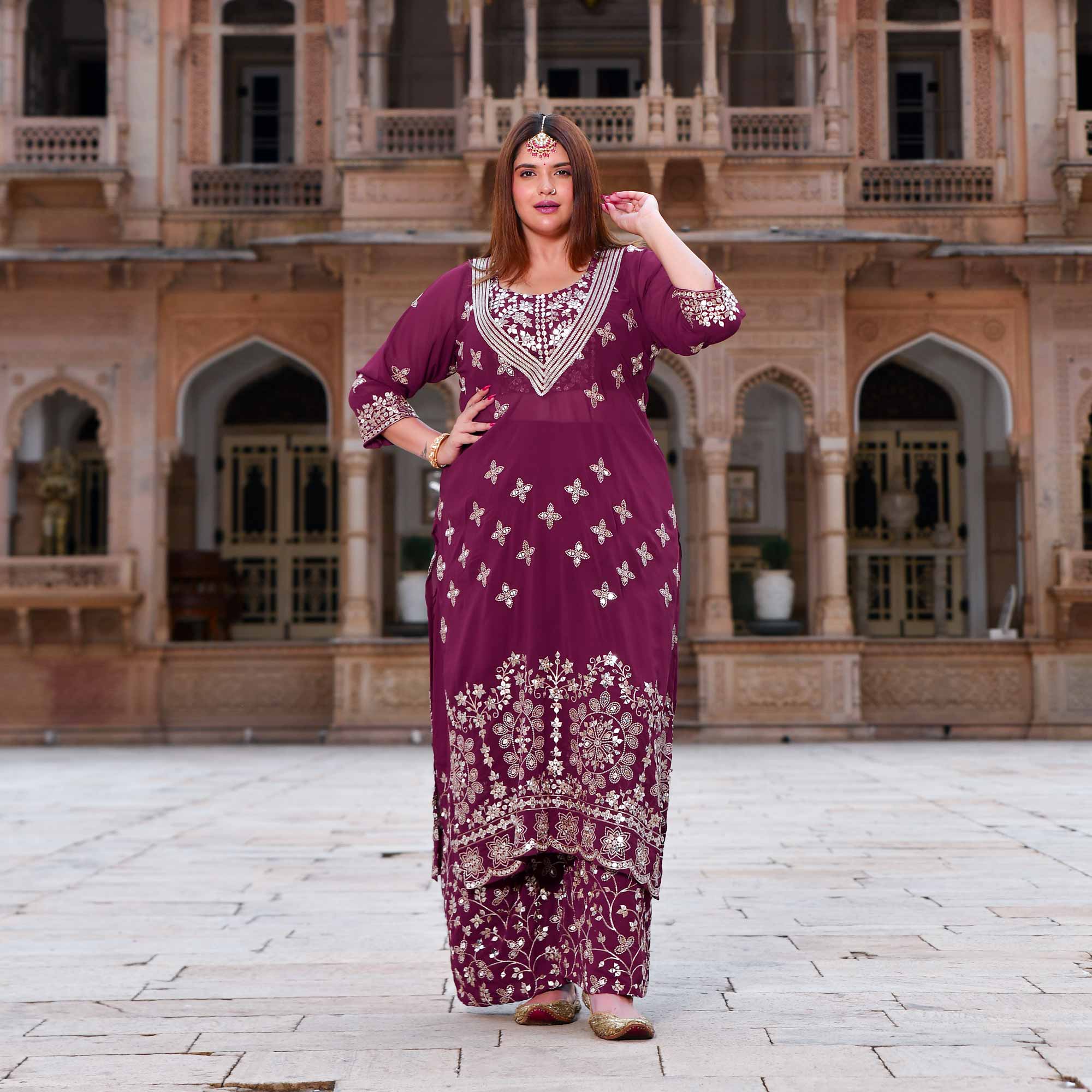 Surkh Noor- Deep Wine Sequin Embroidered Georgette Set