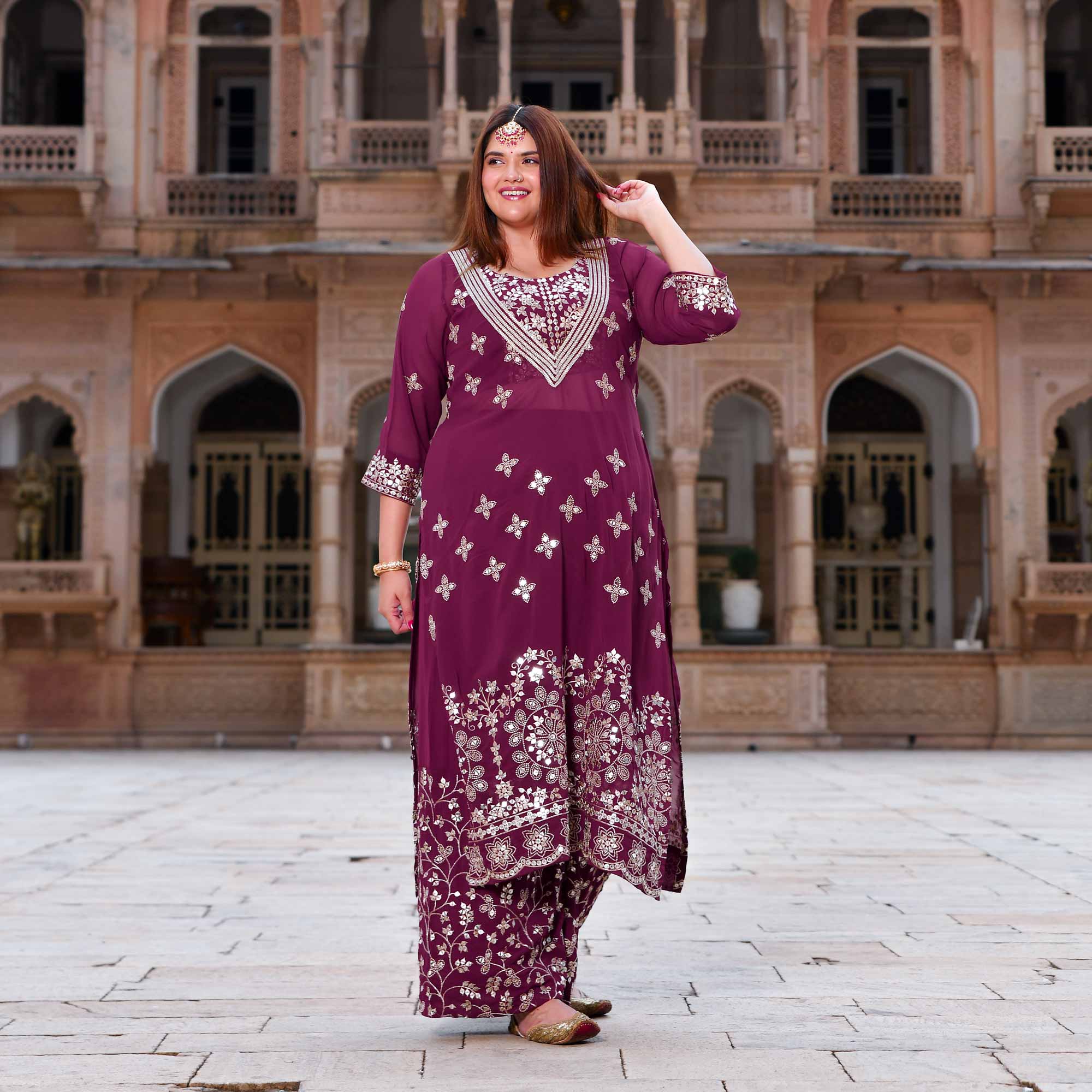 Surkh Noor- Deep Wine Sequin Embroidered Georgette Set