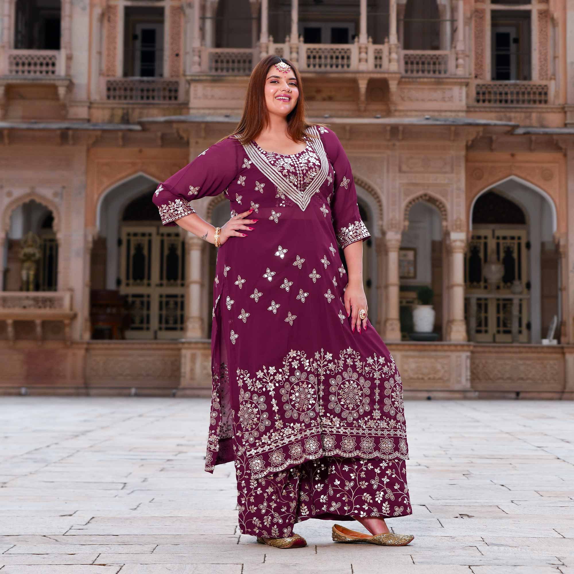 Surkh Noor- Deep Wine Sequin Embroidered Georgette Set