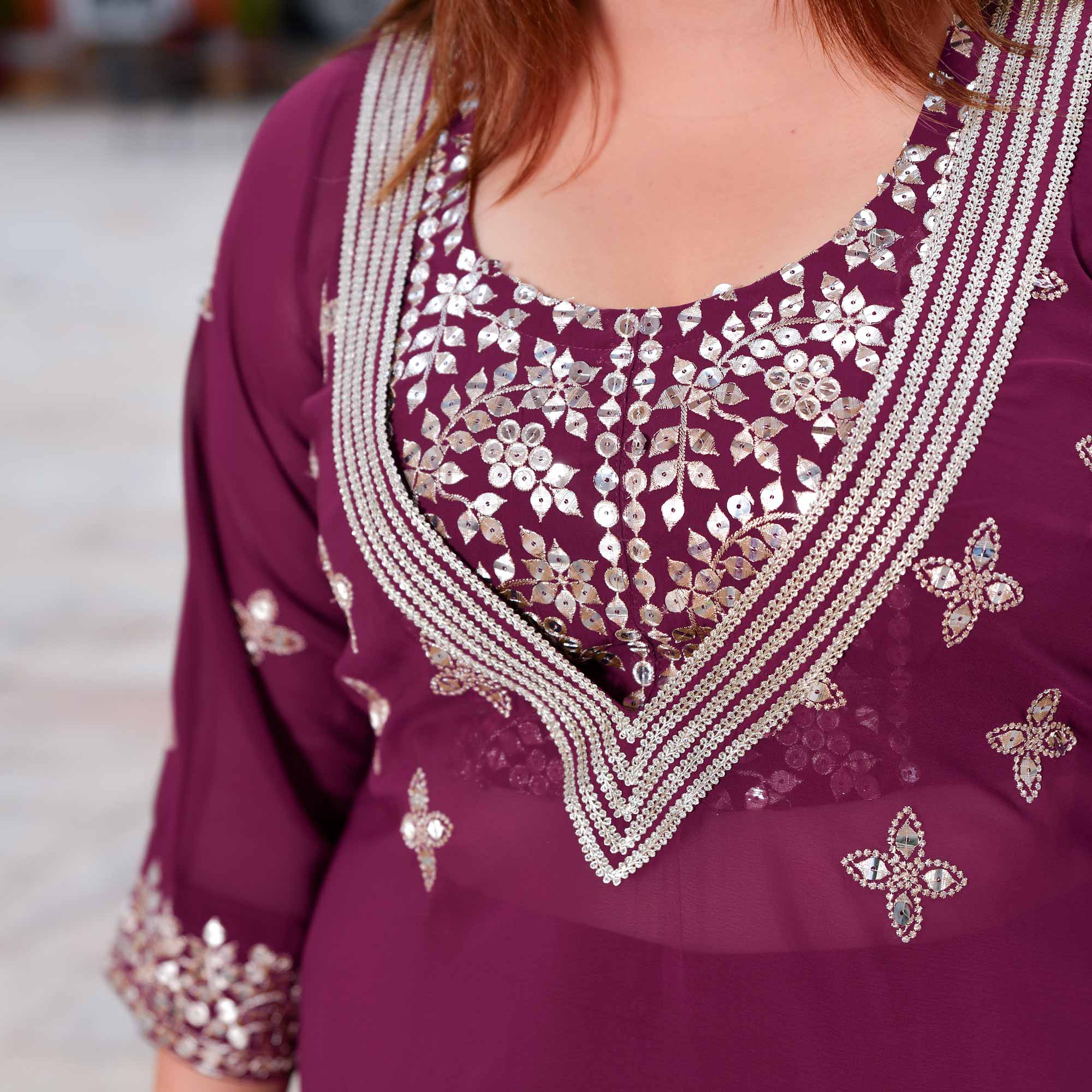 Surkh Noor- Deep Wine Sequin Embroidered Georgette Set