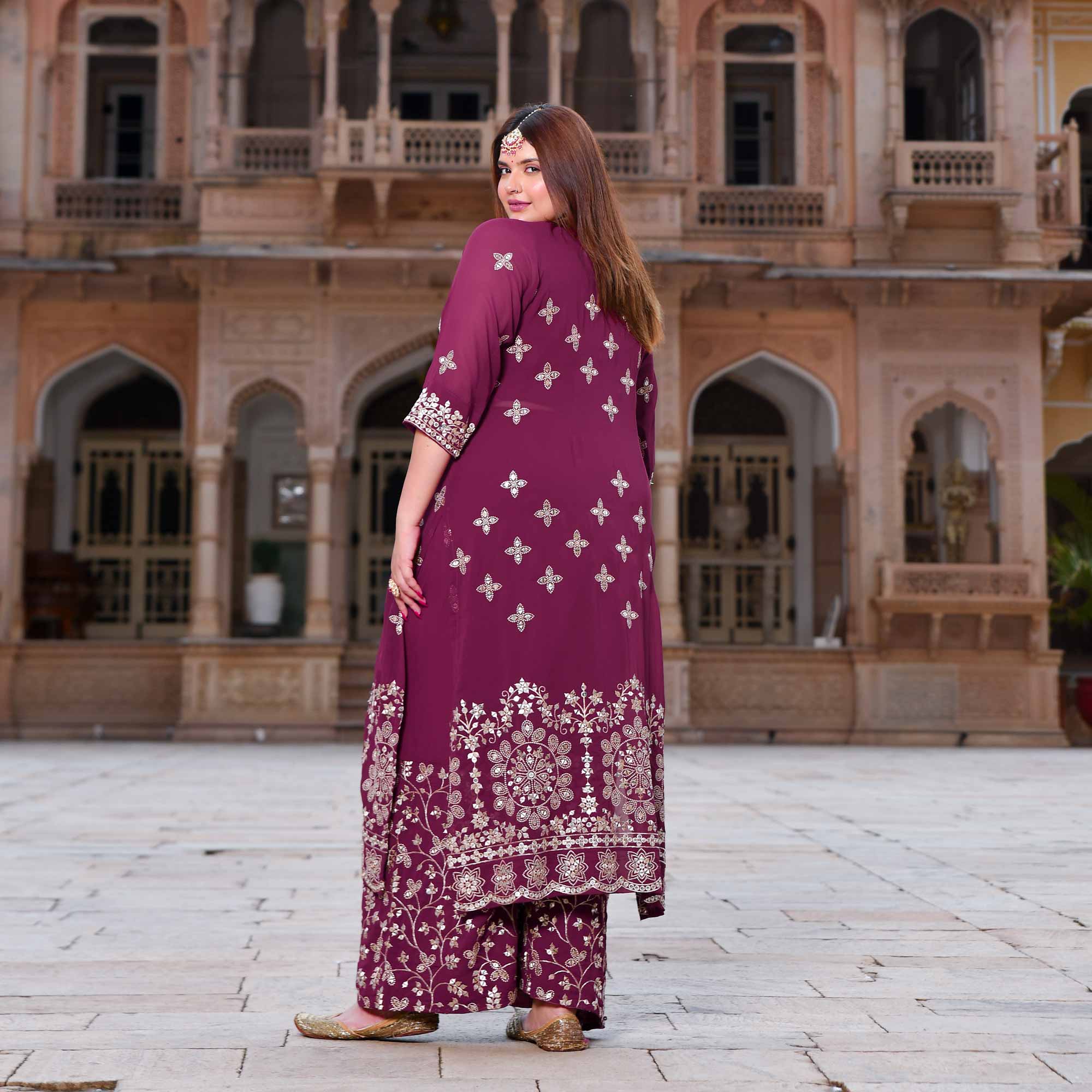 Surkh Noor- Deep Wine Sequin Embroidered Georgette Set