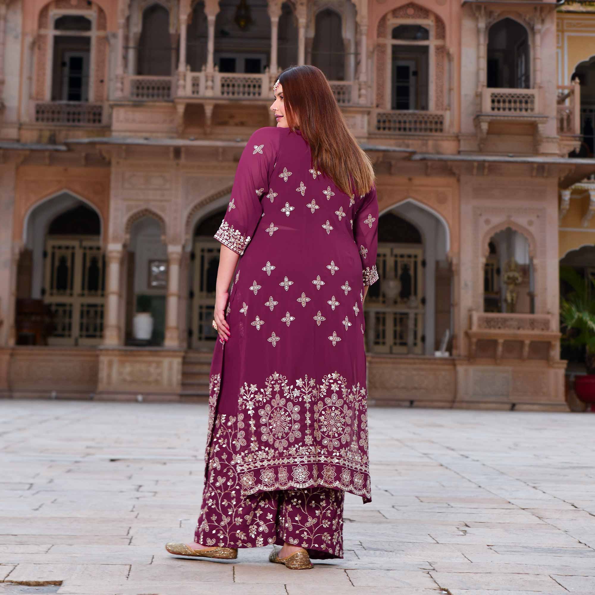 Surkh Noor- Deep Wine Sequin Embroidered Georgette Set