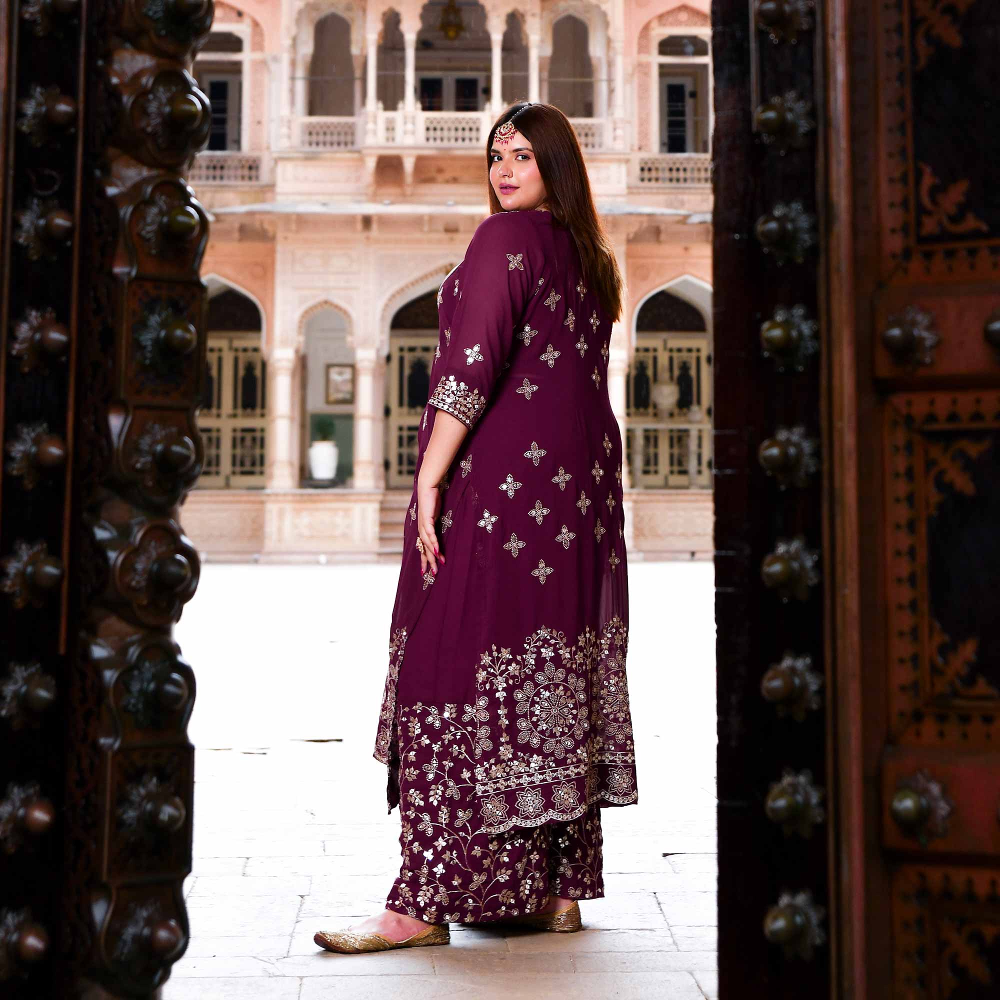 Surkh Noor- Deep Wine Sequin Embroidered Georgette Set