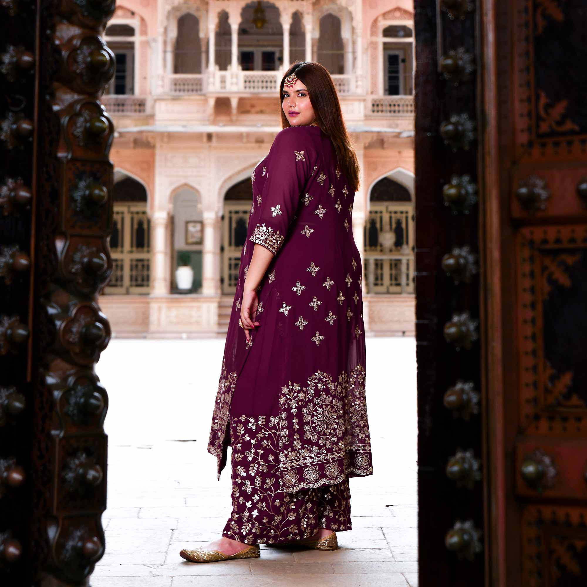Surkh Noor- Deep Wine Sequin Embroidered Georgette Set