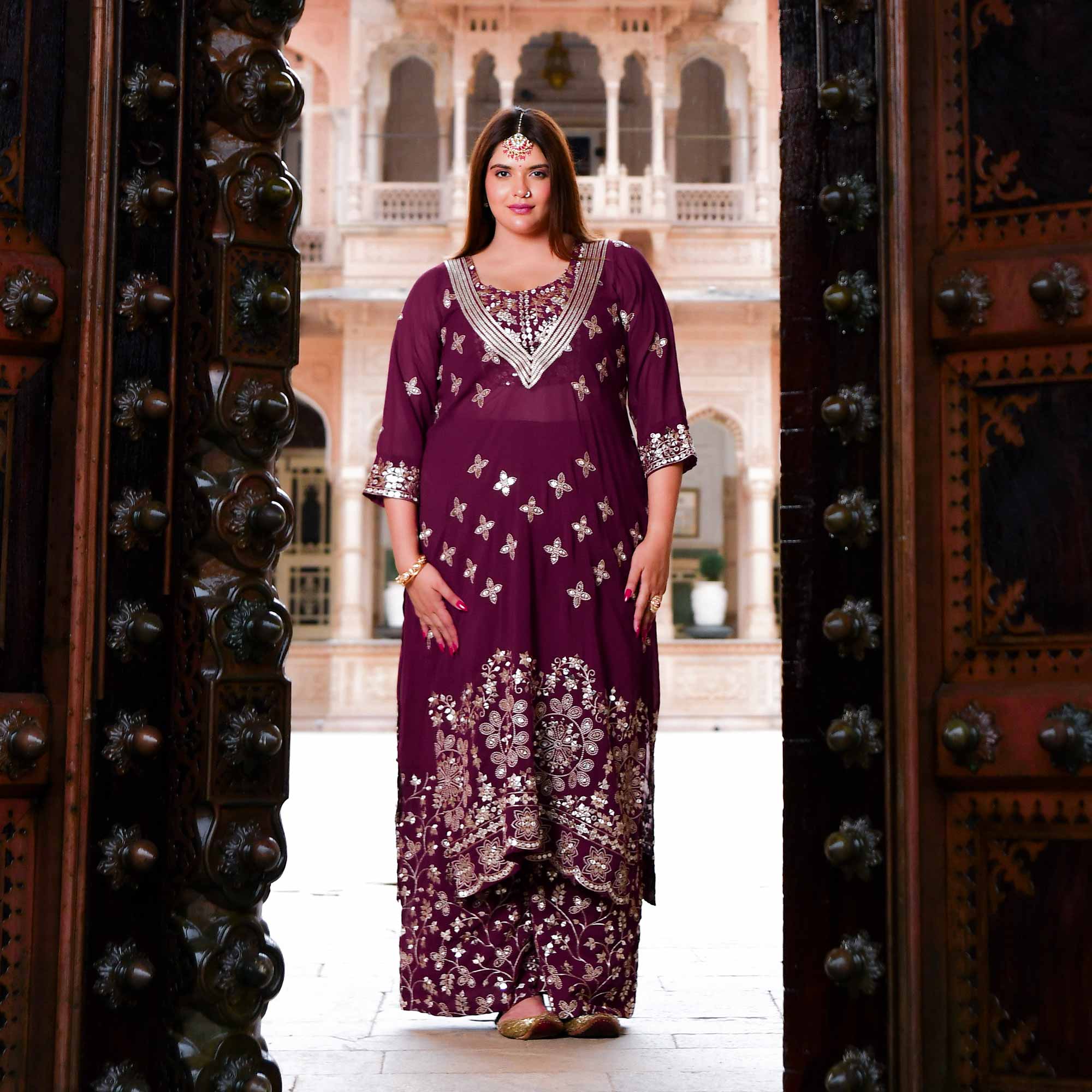 Surkh Noor- Deep Wine Sequin Embroidered Georgette Set
