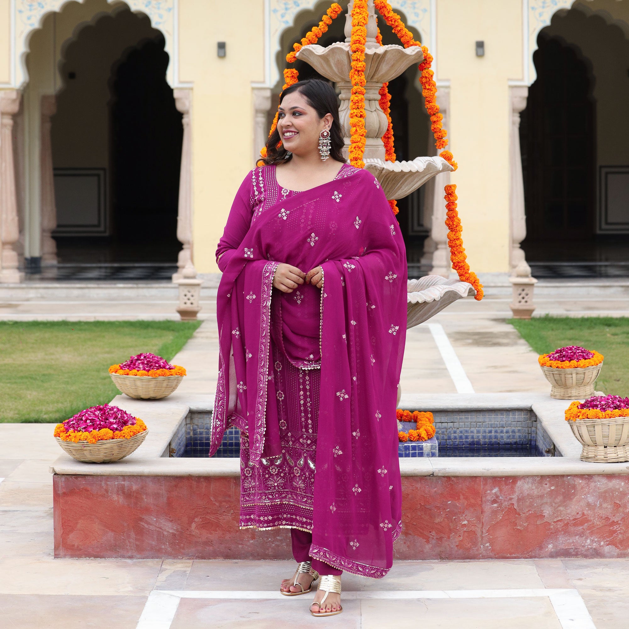 Mulberry Purple Thread & Sequine Embroidered Pure Georgette Suit Set