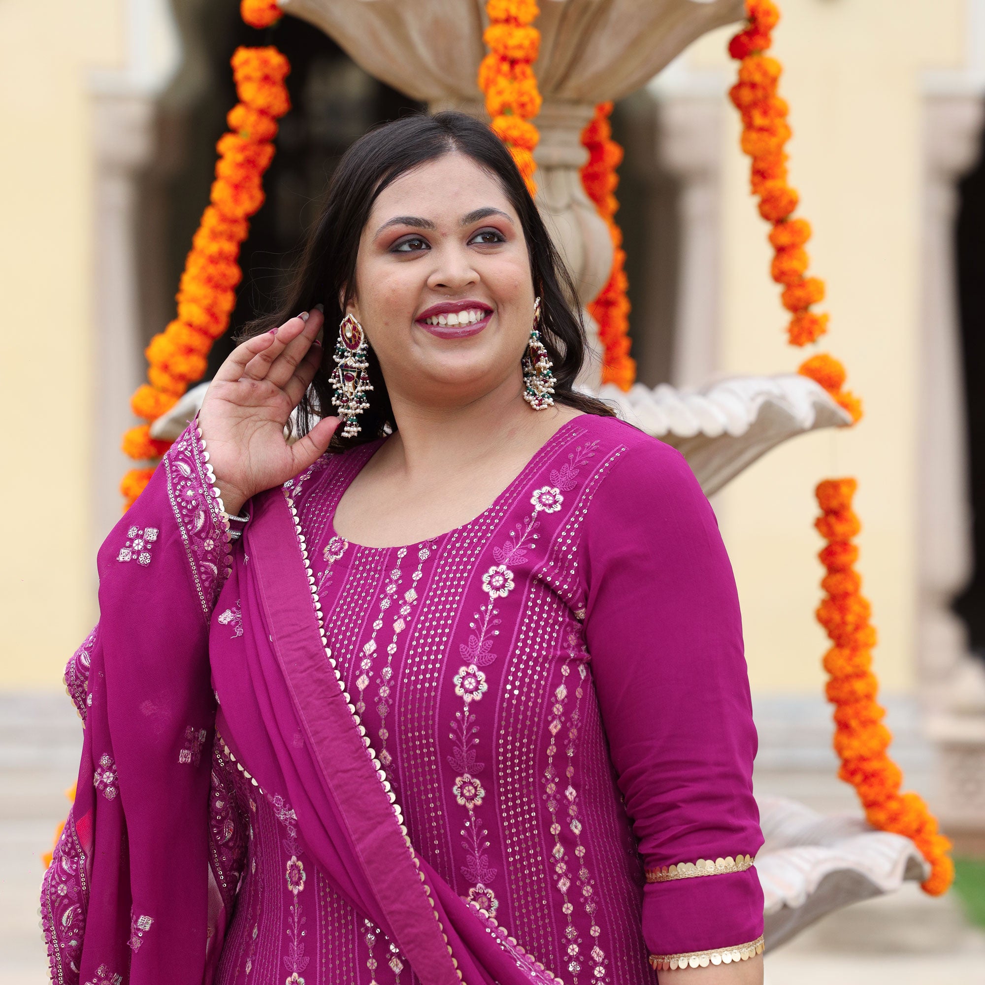 Mulberry Purple Thread & Sequine Embroidered Pure Georgette Suit Set