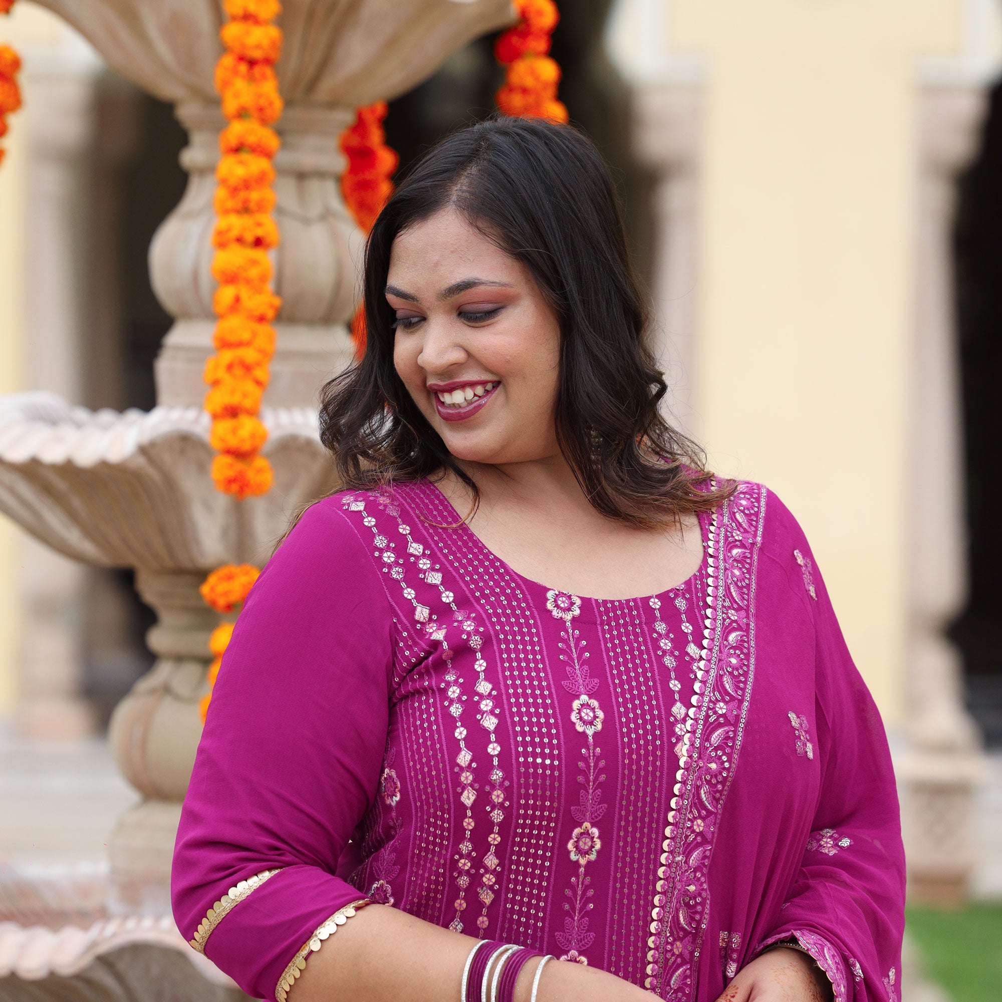 Mulberry Purple Thread & Sequine Embroidered Pure Georgette Suit Set