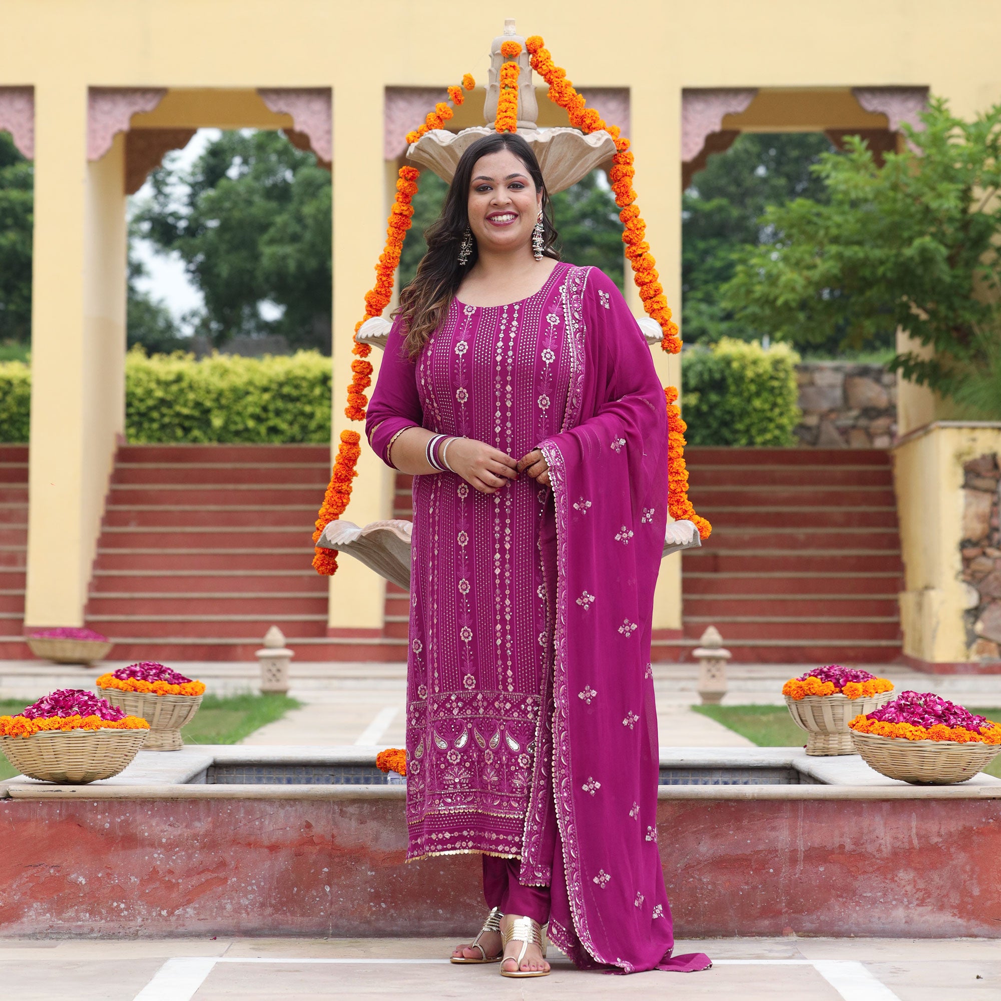 Mulberry Purple Thread & Sequine Embroidered Pure Georgette Suit Set