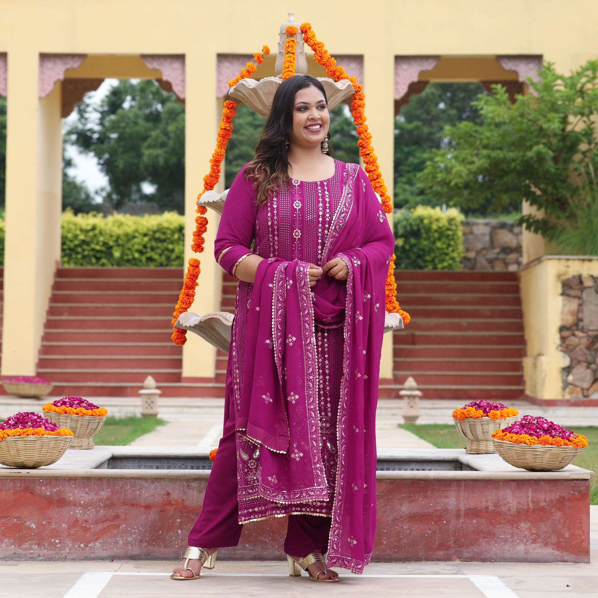 Mulberry Purple Thread & Sequine Embroidered Pure Georgette Suit Set