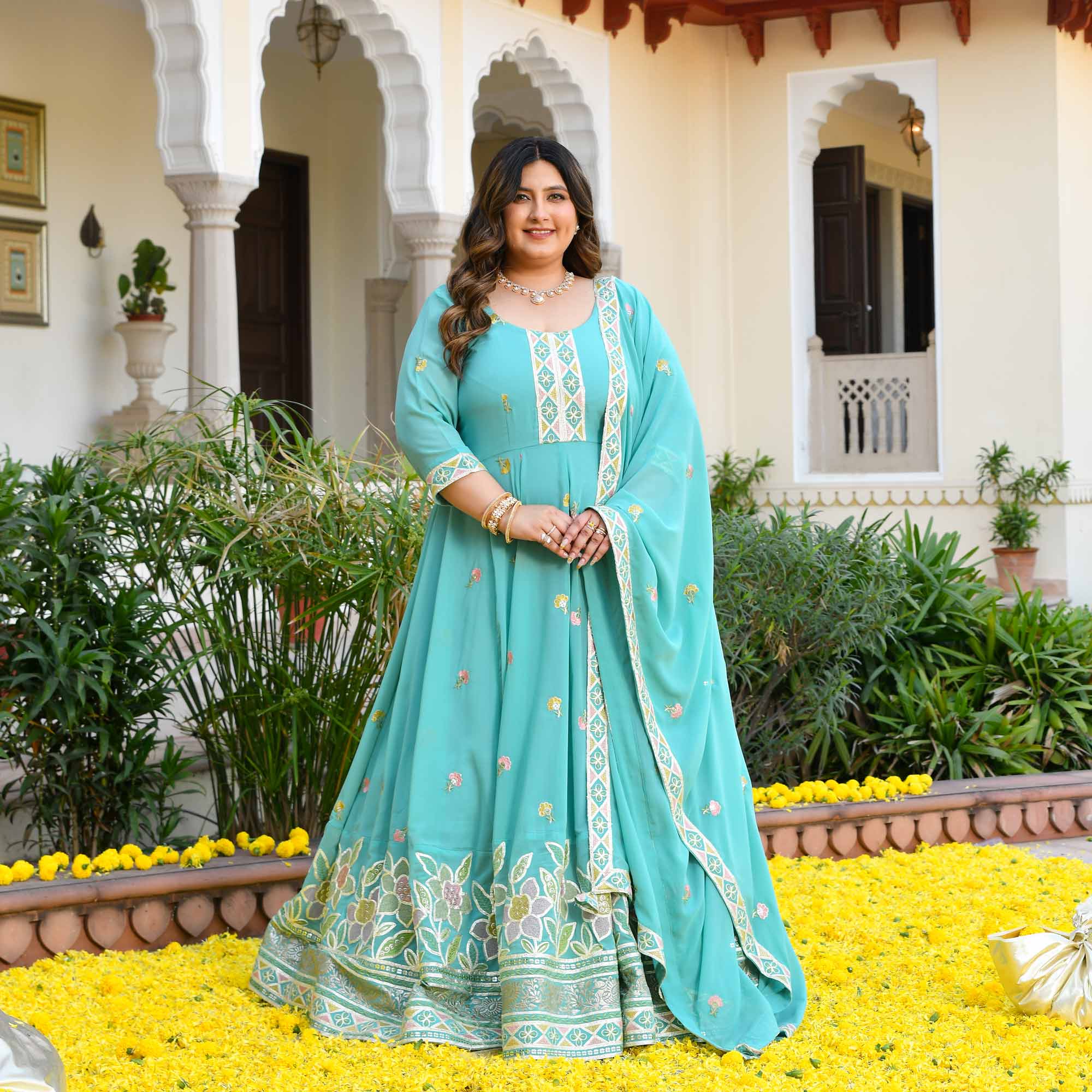 Diva in Love- Sea Blue Thread & Gota Embroidered Georgette Anarkali Set