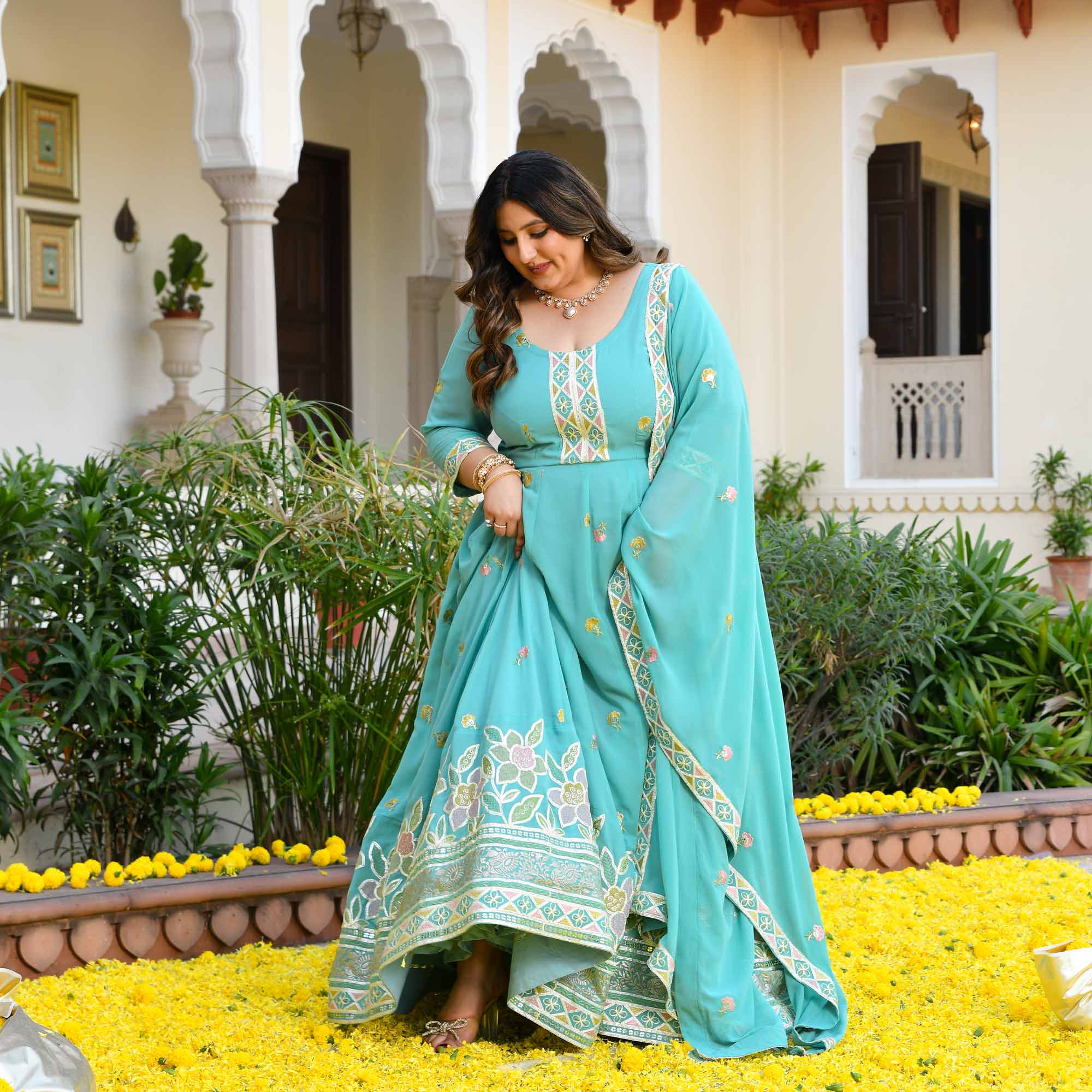 Diva in Love- Sea Blue Thread & Gota Embroidered Georgette Anarkali Set