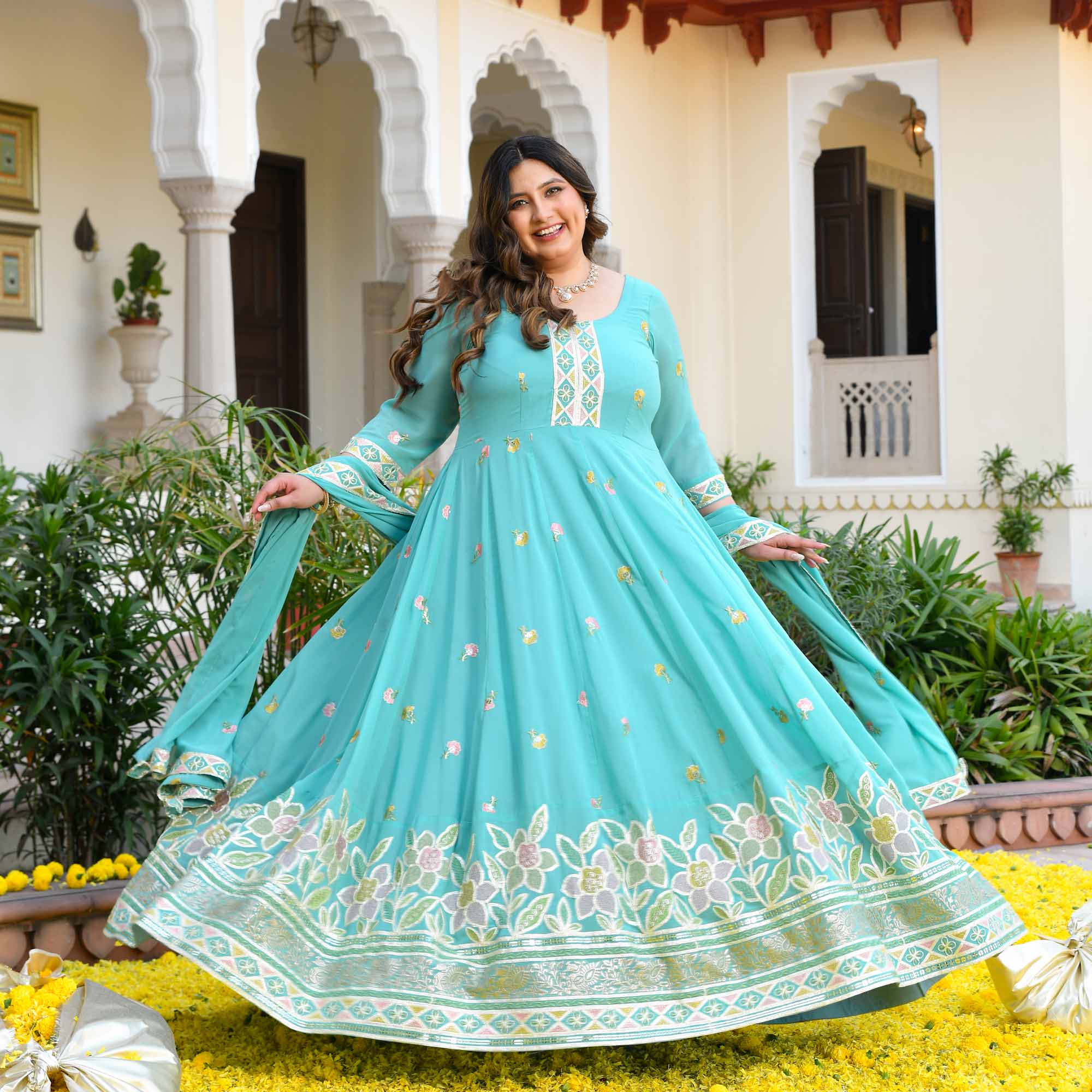 Diva in Love- Sea Blue Thread & Gota Embroidered Georgette Anarkali Set