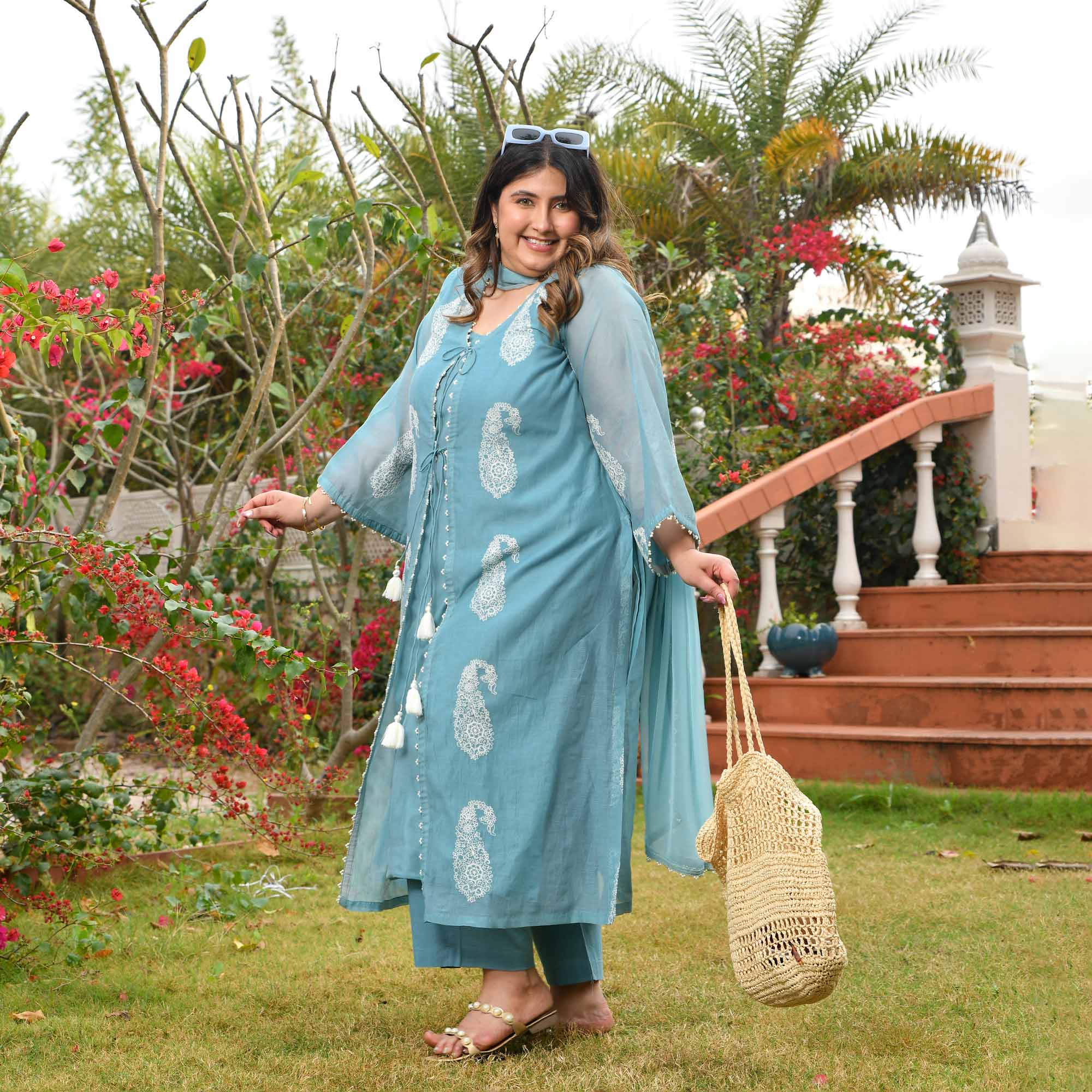 Artic Berry- Powder Blue Paisley Thread Embroidered Mul Chanderi Cape Set