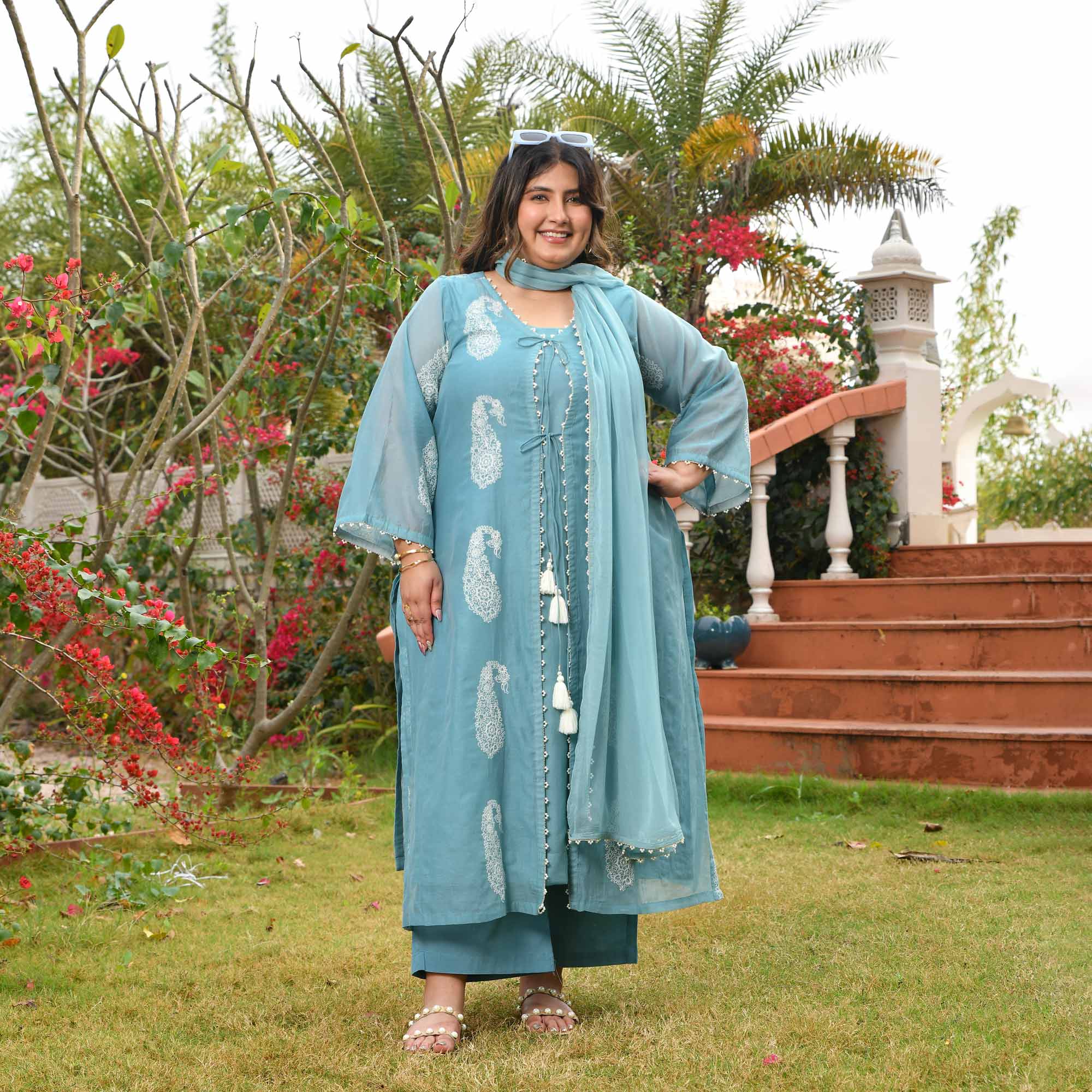 Artic Berry- Powder Blue Paisley Thread Embroidered Mul Chanderi Cape Set