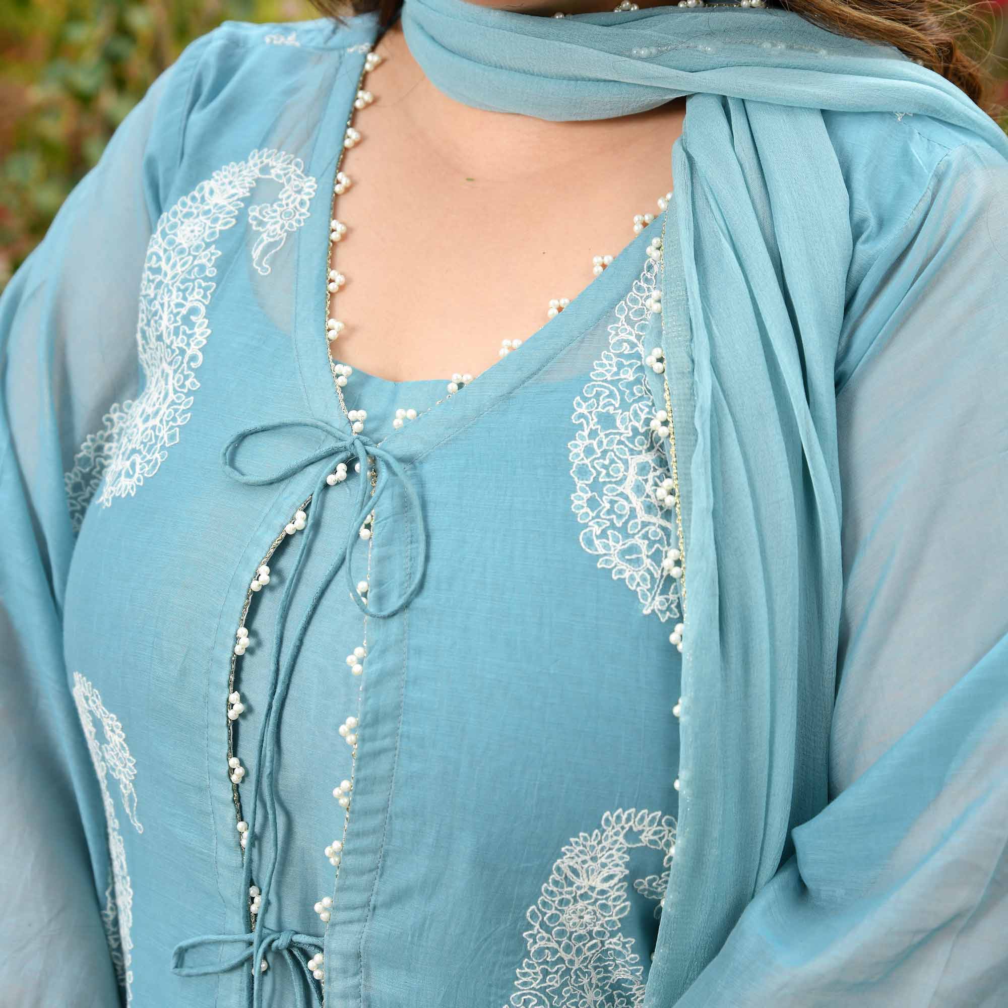 Artic Berry- Powder Blue Paisley Thread Embroidered Mul Chanderi Cape Set