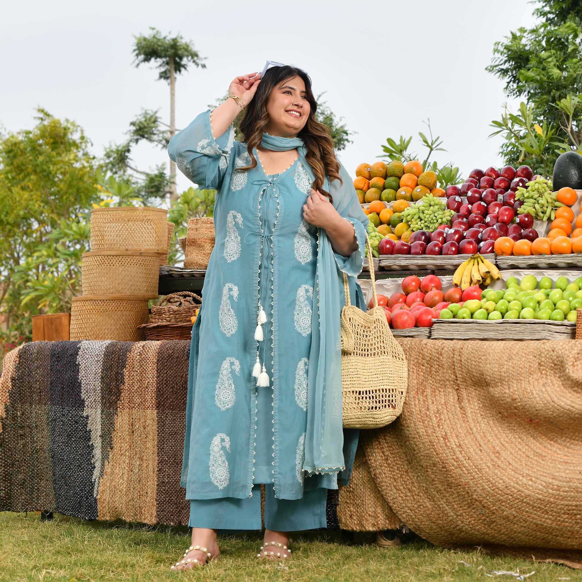 Artic Berry- Powder Blue Paisley Thread Embroidered Mul Chanderi Cape Set