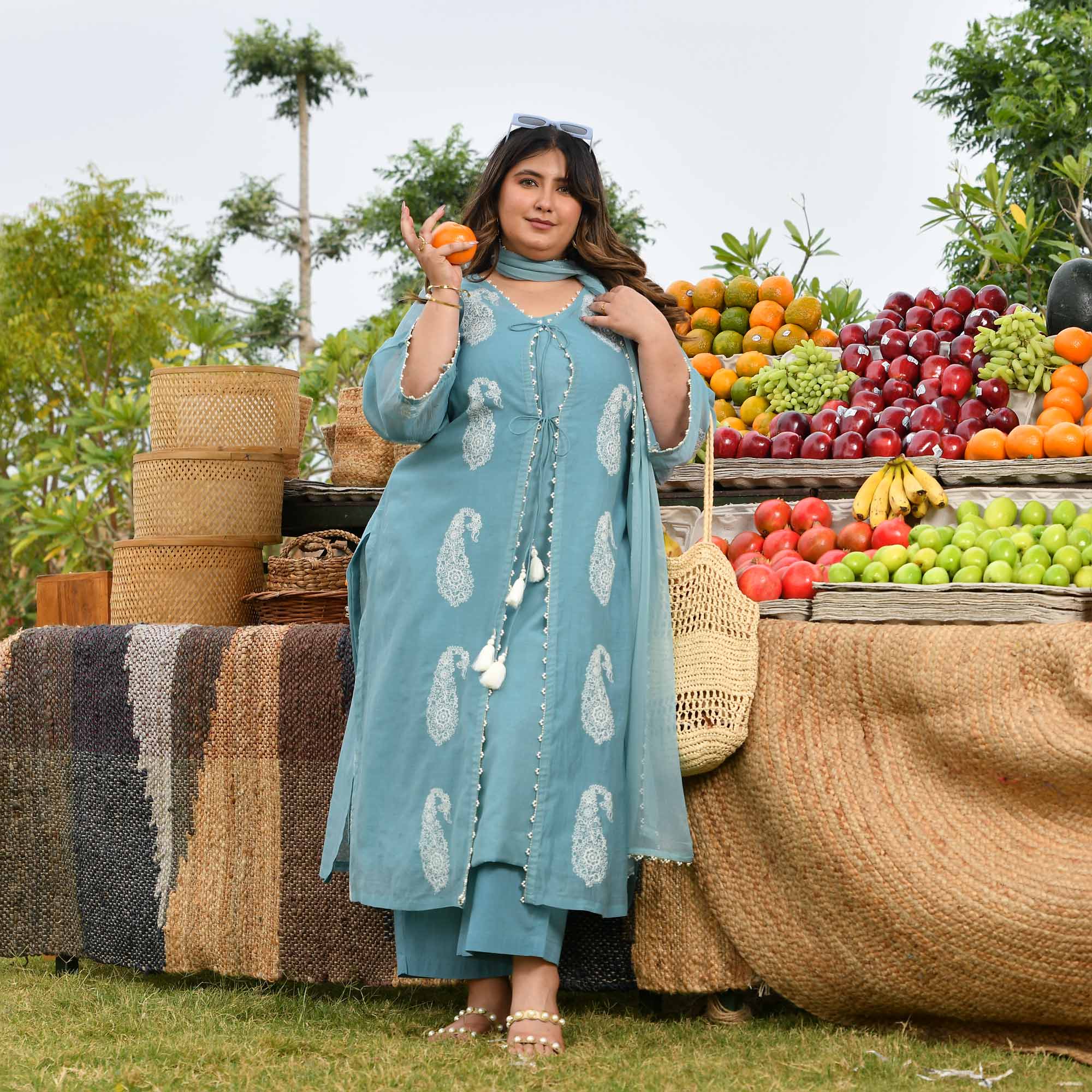 Artic Berry- Powder Blue Paisley Thread Embroidered Mul Chanderi Cape Set